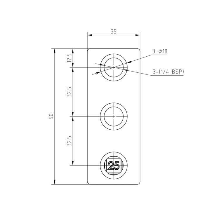 Plano acotado de una pieza en cruz como abrazadera de unión para tubos cuadrados de 25 mm. Componente de 90 x 35 mm con tres orificios verticales: Ø 18 mm en la parte superior con rosca 1/4 BSP, orificio central y en la parte inferior para tubos de 25 mm.