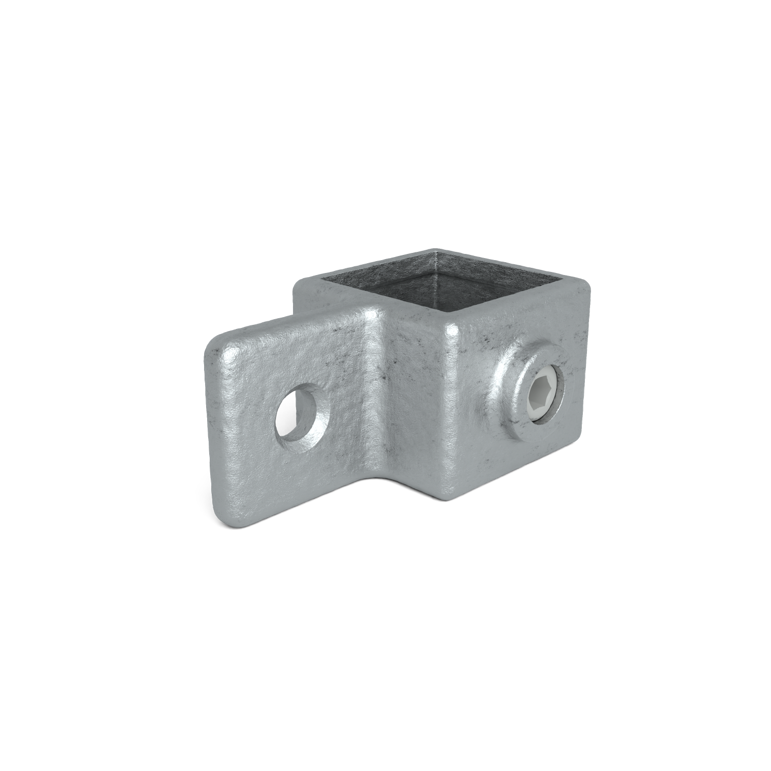 Conector de tubo metálico gris de sección cuadrada. Con prolongación plana y orificio redondo. Abertura cuadrada en la parte superior, tornillo Allen visible en el lateral. Superficie ligeramente texturizada.