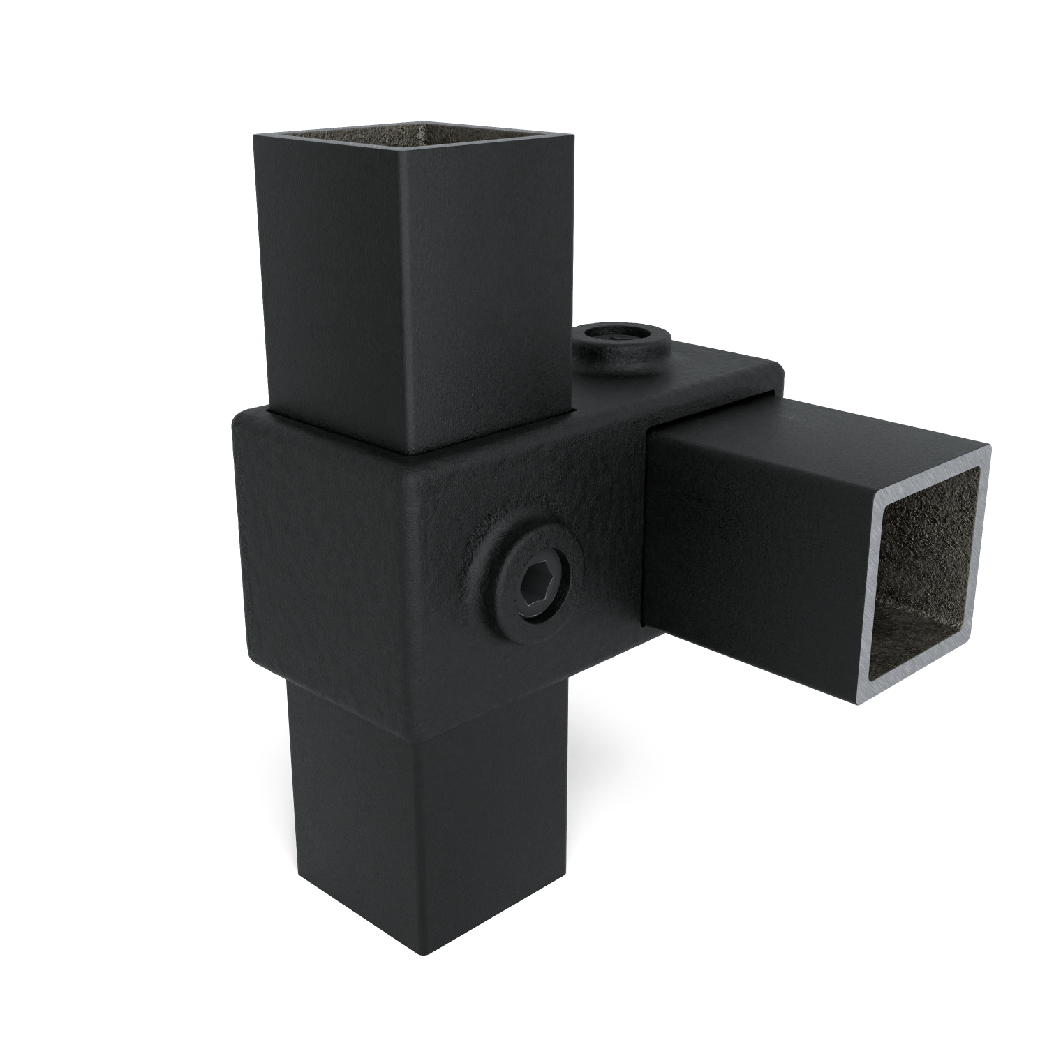 Raccord d'angle métallique noir mat pour trois profilés creux carrés. Un tube orienté vers le haut, un autre vers le bas et le troisième à l'horizontale vers la droite. Vis de fixation visibles.