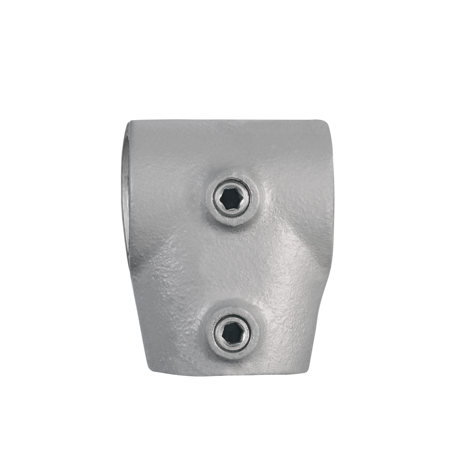 Pieza en T metálica de color gris plateado con superficie rugosa para uniones de tubos. Con dos tornillos hexagonales laterales para fijar los tubos, permite un ángulo variable de 0° a 11°. Aberturas para 33,7 mm (1 pulgada).