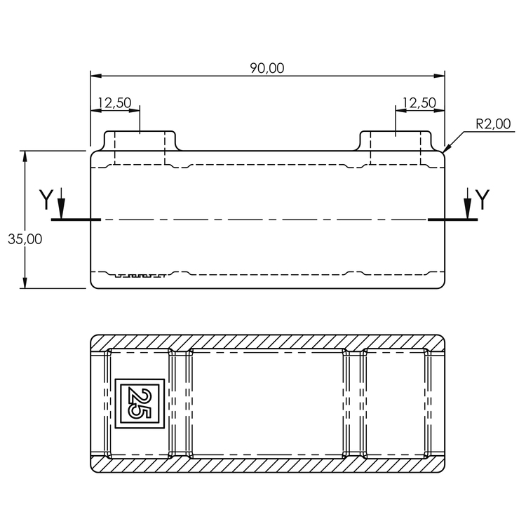 Dessin technique d'une rallonge pour tubes carrés (25 mm) avec indications de dimensions. Vue de profil : rectangulaire, 90 mm de long, 35 mm de haut, avec deux saillies supérieures. Vue en coupe : structure intérieure creuse, marquage « 25 ».