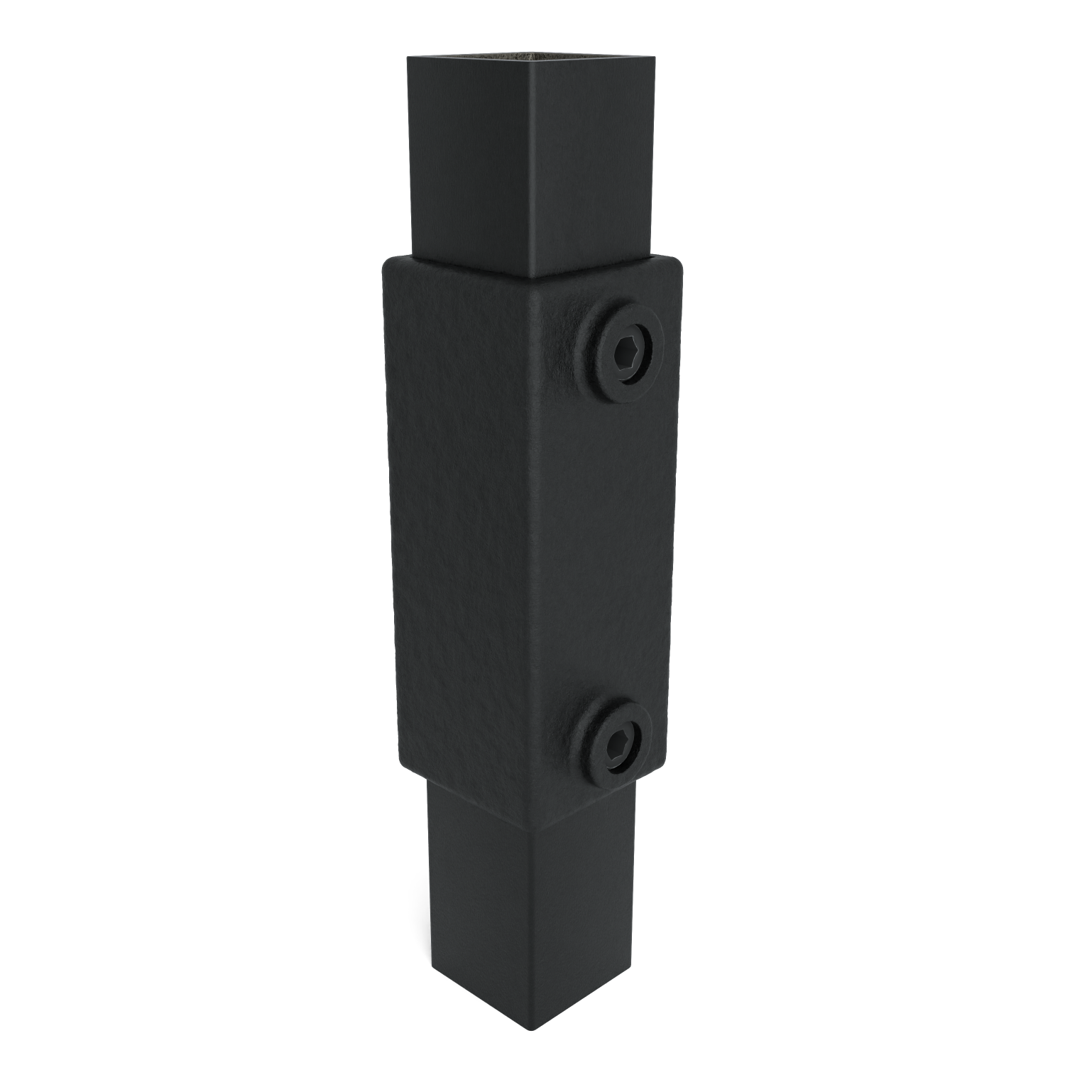 Un raccord métallique vertical, noir et robuste, à la texture rugueuse, composé de deux tiges carrées reliées par un boîtier rectangulaire plus large situé au centre. Deux vis à six pans creux sont visibles sur les côtés opposés.