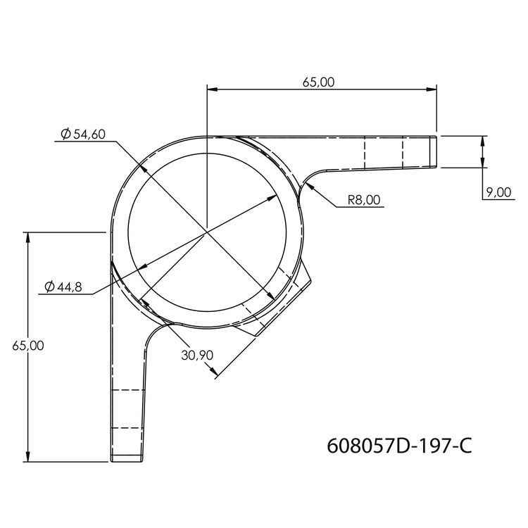Dibujo técnico detallado de una pieza con ojal de Lunado con doble lengüeta en ángulo de 90°. Esquema: abertura principal circular (diámetro exterior 54,60 mm) y dos lengüetas planas y verticales. Dimensiones: 65 mm de longitud, 9 mm de grosor.