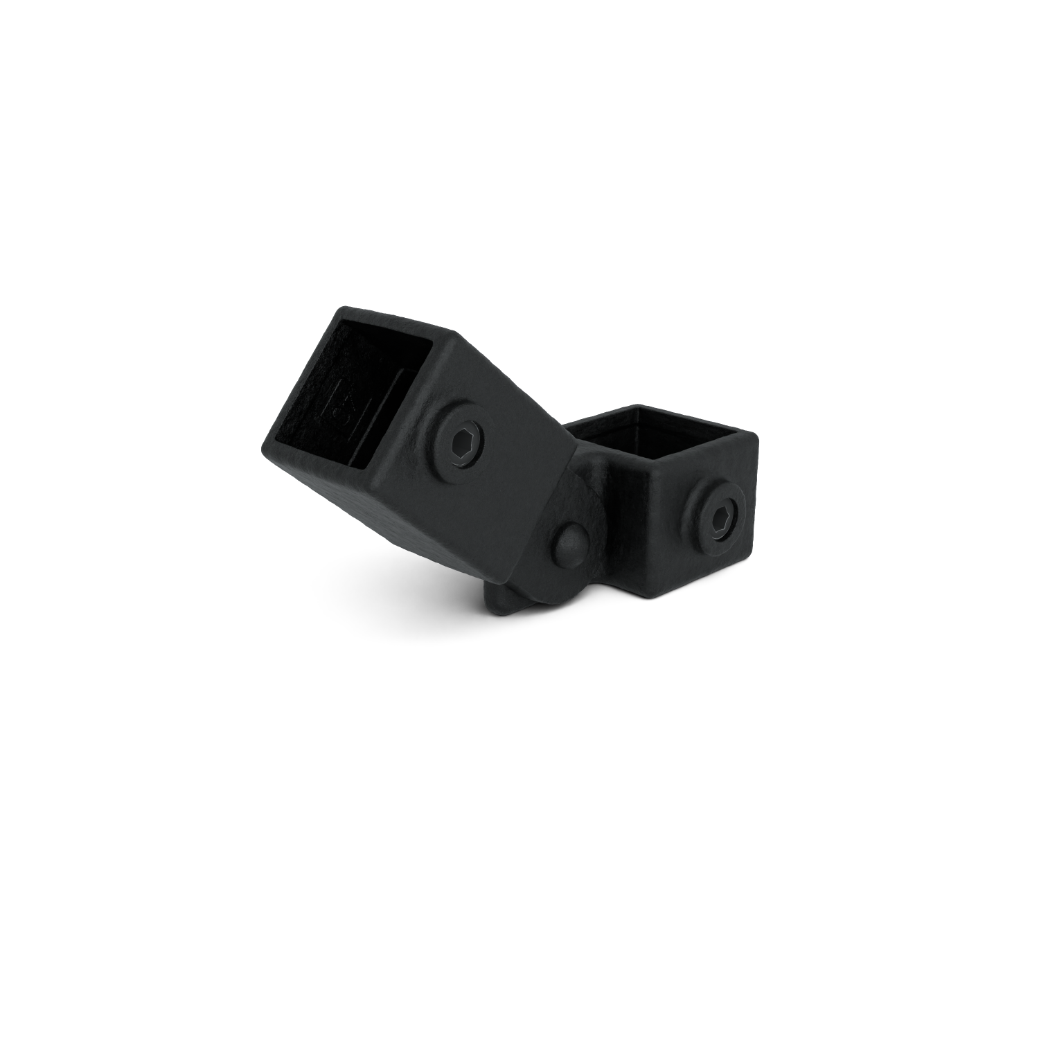 Raccord coudé noir réglable avec deux ouvertures carrées sur fond blanc. L'élément est relié par une articulation, un côté est incliné vers le haut. Détails des vis visibles, surface mate.
