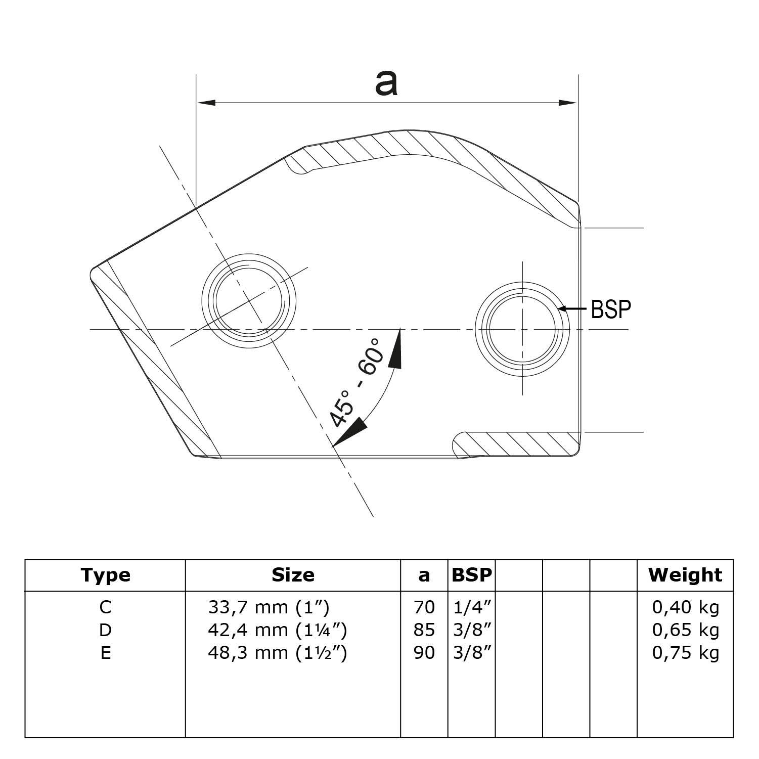 Dibujo técnico de un racor en T ajustable para tubos con dos conexiones, una de ellas ajustable en ángulo (45°–60°). Vista detallada con las cotas «a» y «BSP», así como tabla con 3 tipos, diámetros de tubo de 33,7/42,4/48,3 mm, dimensiones y pesos.