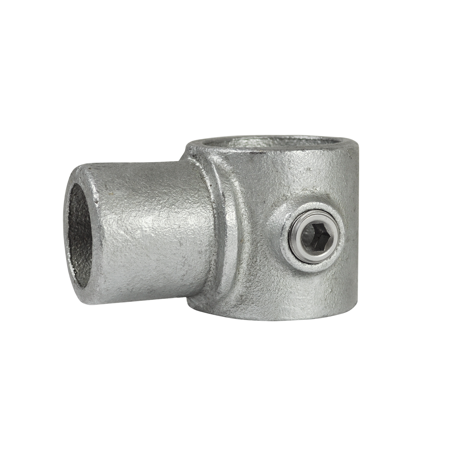 Pieza en T metálica, plateada y resistente, probablemente galvanizada, como conector de tubos. Tiene abertura para inserción. La rama vertical incluye tornillo hexagonal para fijar el tubo, ideal para barandillas y soportes.