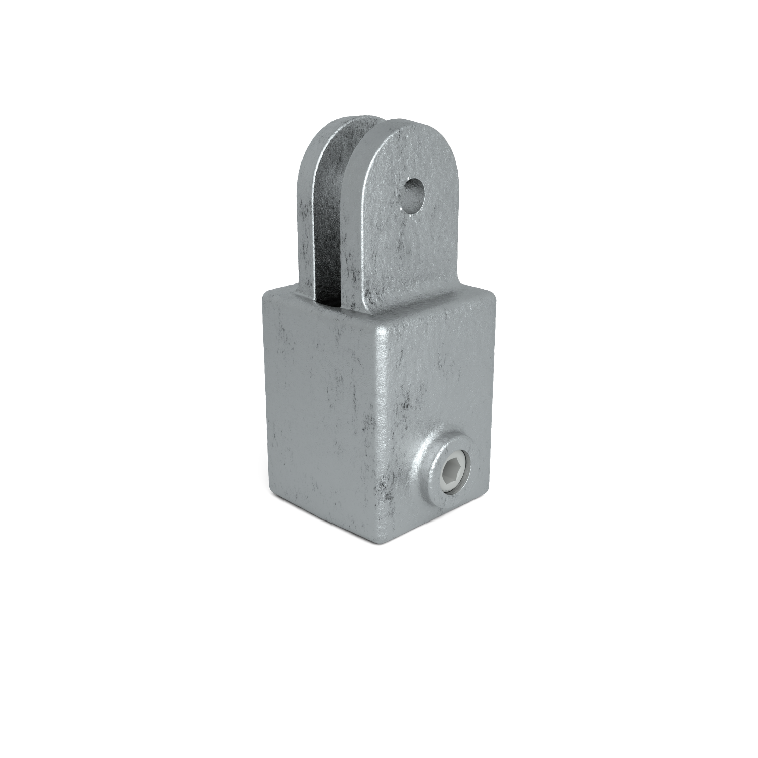 Raccord métallique gris argenté à la surface rugueuse et texturée, en premier plan sur fond blanc. Bloc de base carré avec une fourche en forme de U sur le dessus et un trou traversant ; vis à six pans creux visible sur le côté.