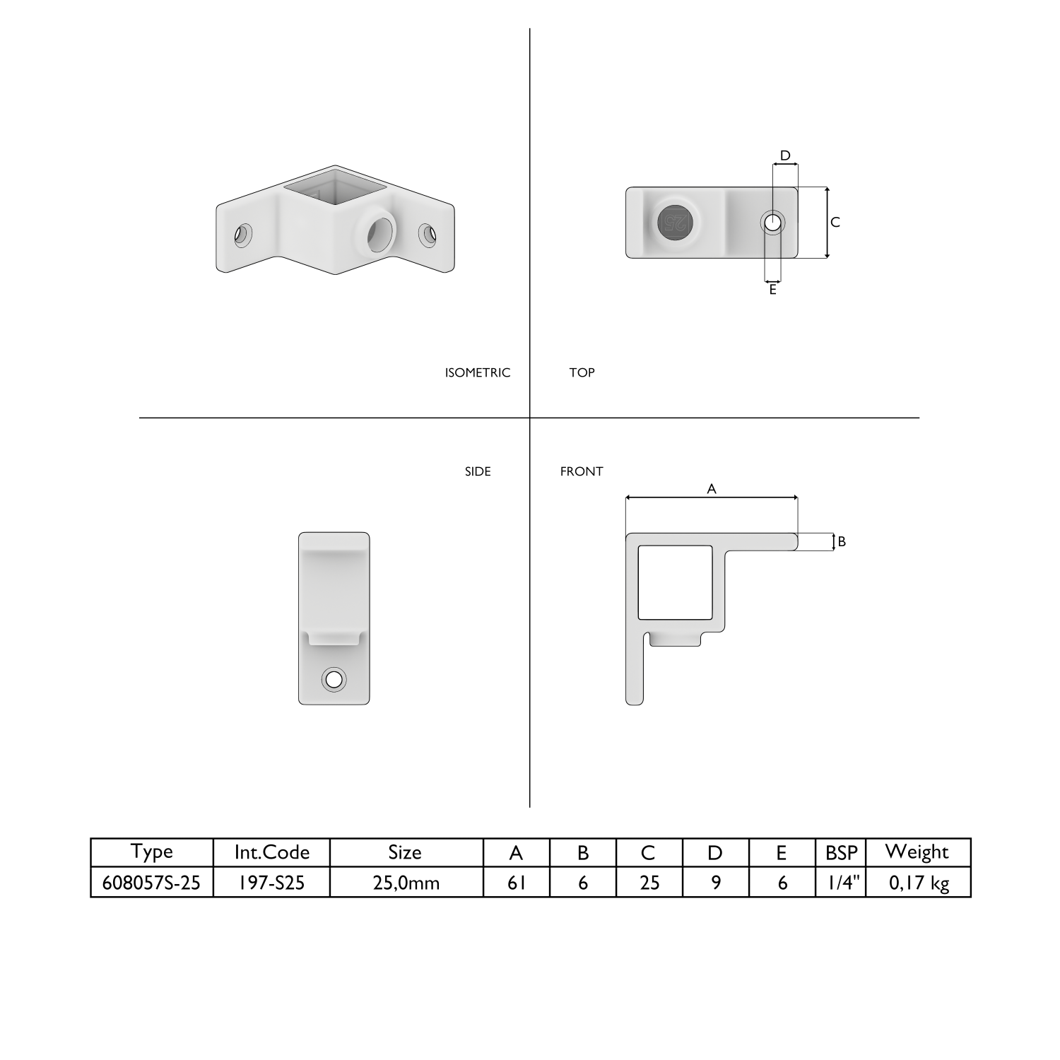 Diagrama técnico de un conector de esquina blanco en forma de L con perfil interior cuadrado y varios orificios de fijación. Vista isométrica, así como vista superior, lateral y frontal con cotas. Tabla de especificaciones con tipo, tamaño y peso.