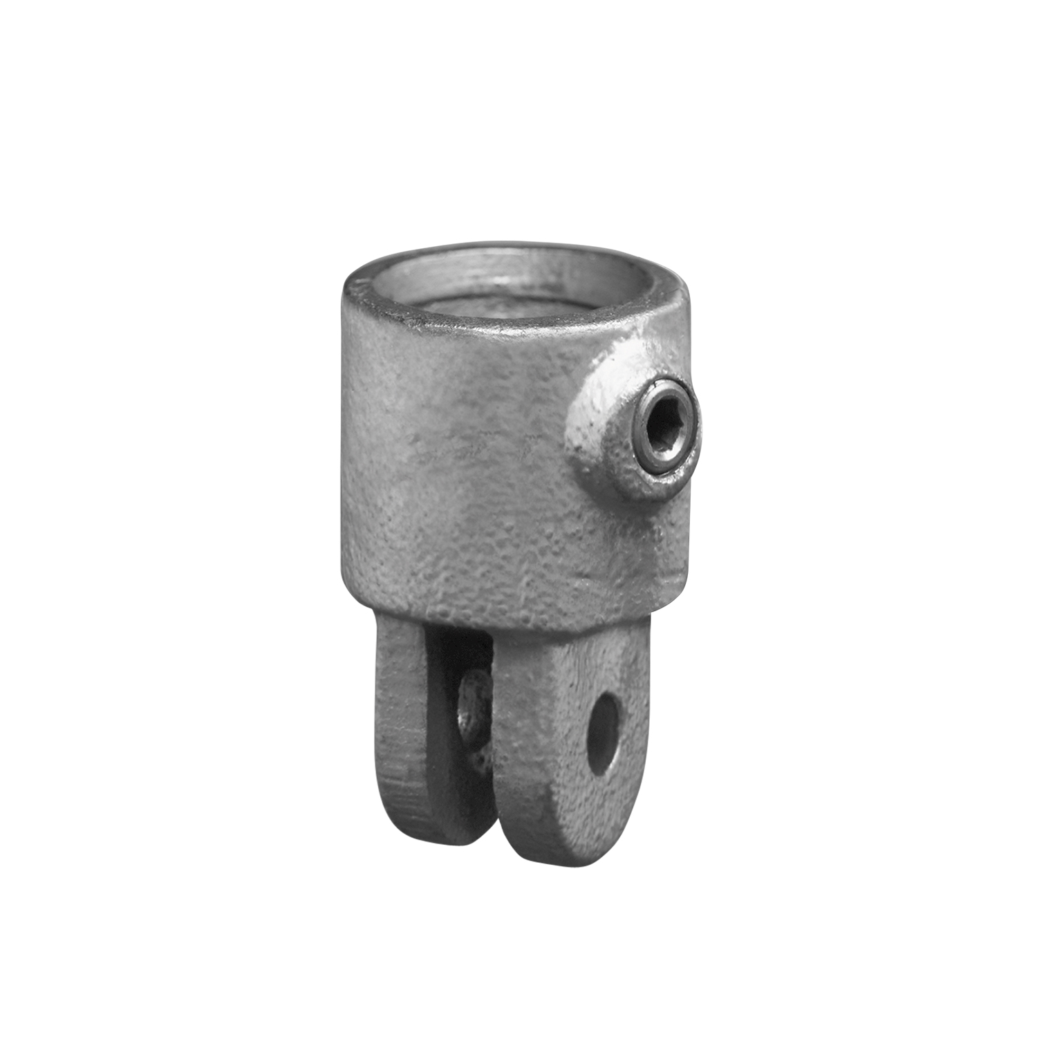 Acoplador de tubo metálico gris y resistente con abertura cilíndrica arriba. La parte inferior es una horquilla con dos lengüetas redondeadas, cada una con orificio para fijación. En el lateral hay un tornillo Allen.