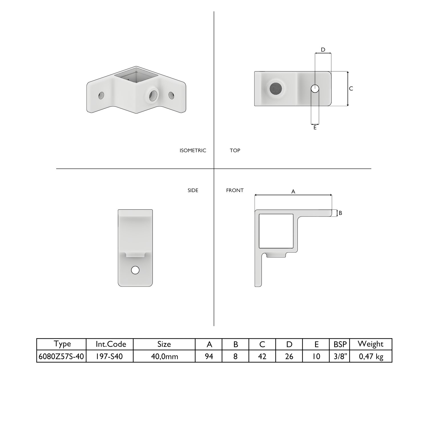 Dessin technique d'un raccord d'angle blanc en L avec ouverture carrée et trois trous de fixation. Quatre vues (isométrique, dessus, côté, face) et tableau avec dimensions, type, code, taille et poids (0,47 kg).