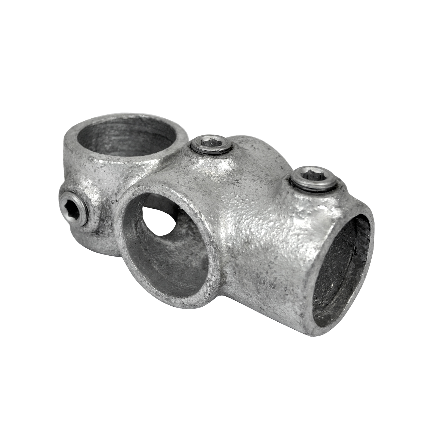 Pieza en T de metal galvanizado gris, une tres tubos en forma de T. Tres orificios redondos, cada uno con un tornillo Allen para apretar. Superficie rugosa, con acabado mate brillante, típica de las estructuras de varillas, Ø 26,9 mm.
