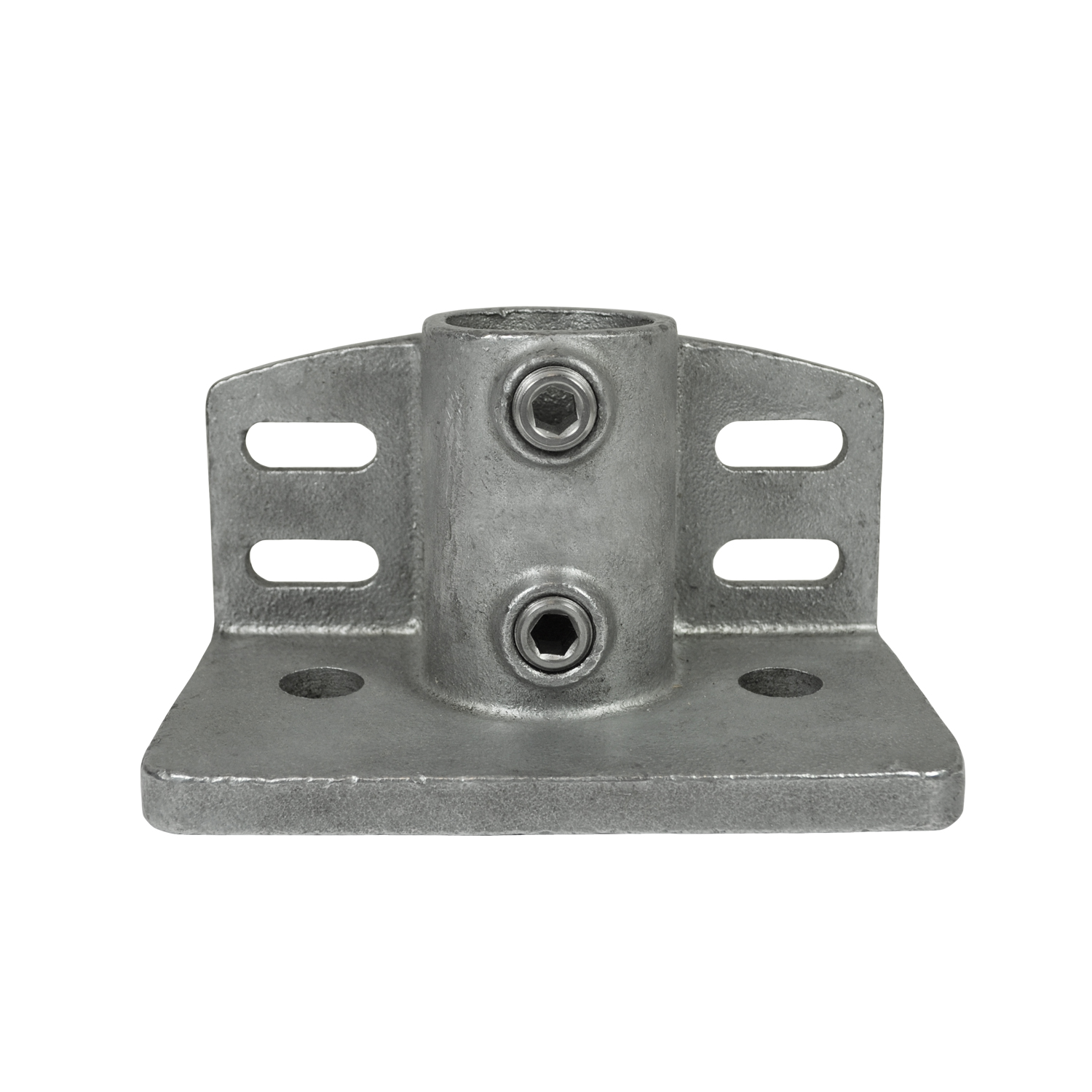 Accesorio de tubo metálico gris y resistente con base plana y dos orificios de fijación. Casquillo cilíndrico central con dos tornillos hexagonales para la unión vertical de tubos. Dos puntales laterales con ranuras alargadas.