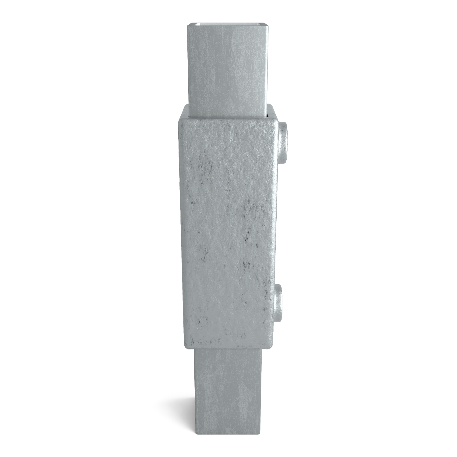 Élément métallique gris rectangulaire, surface rugueuse. Bloc central, avec profilés plus étroits dépassant en haut et en bas. À droite, deux points de fixation cylindriques visibles. Se dresse verticalement sur fond blanc.