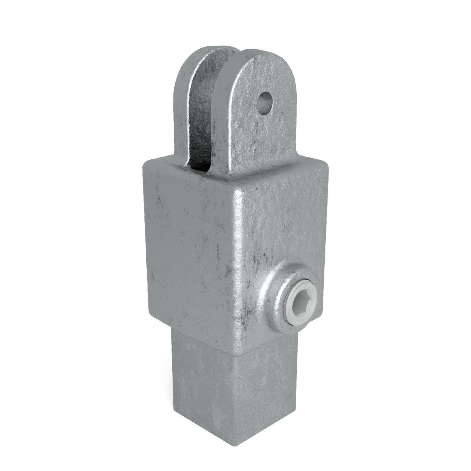 Graues metallisches Fitting mit rechteckiger Basis und blockigem Körper, oben eine U-förmige Gabel mit rundem Loch. Seitlich Schraube mit weißem Sechskantkopf. Raue, strukturierte Oberfläche, vermutlich Guss oder verzinkt.