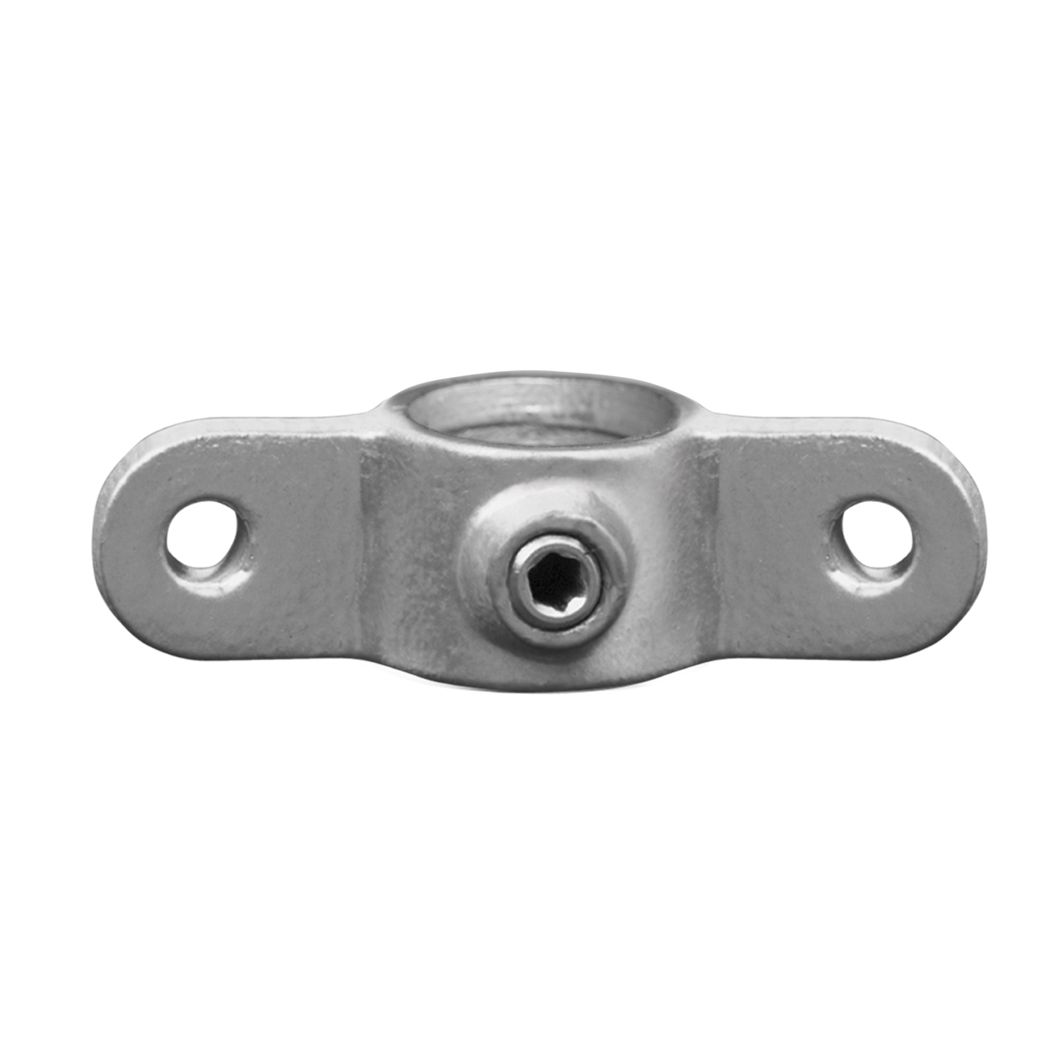 Un soporte con abrazadera para tubos, visto desde arriba, de metal plateado brillante. Con una abertura redonda central para alojar un tubo, así como alas laterales planas, cada una con un orificio de fijación. Un tornillo Allen fija el tubo.