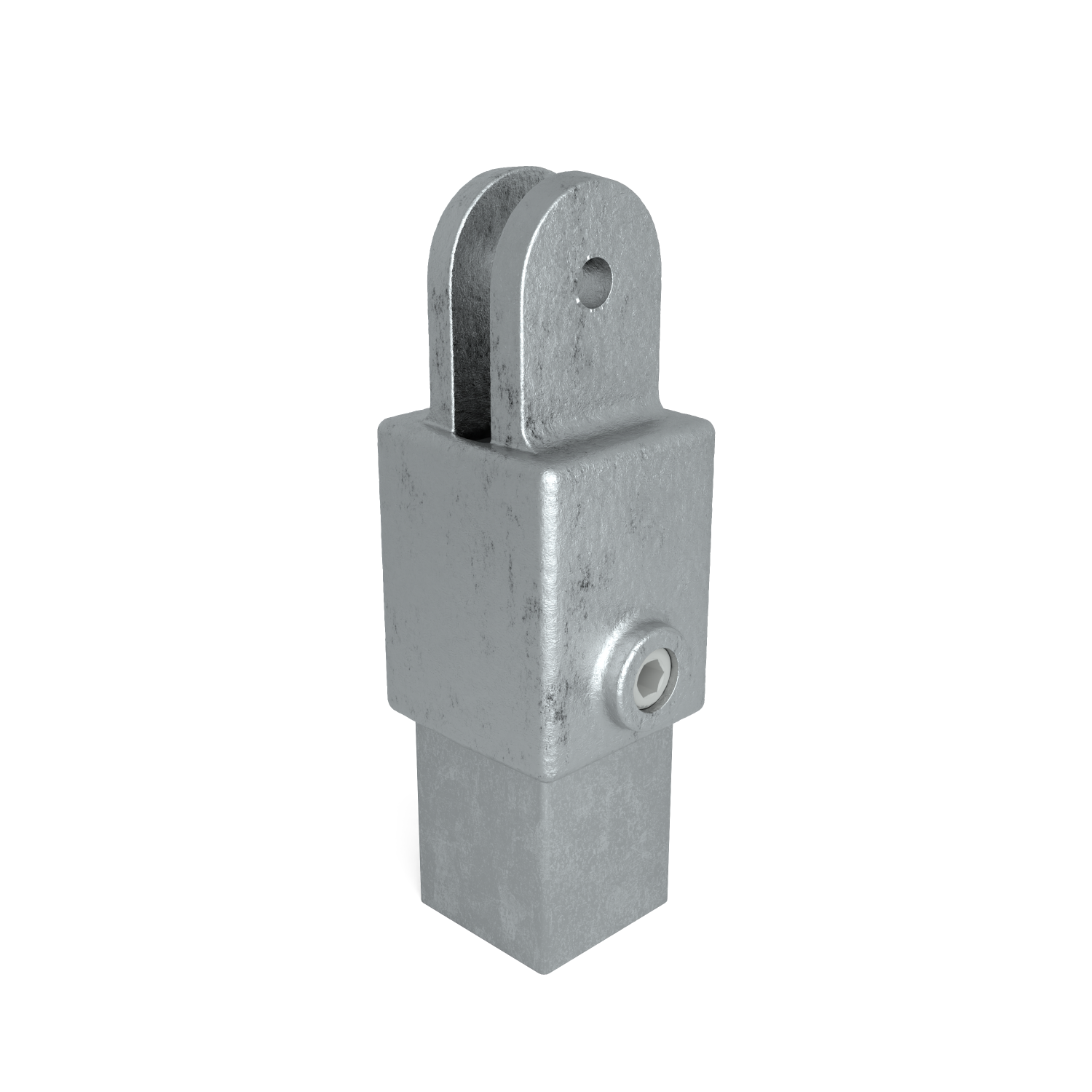 Raccord métallique galvanisé avec partie d'insertion carrée en bas. Élément robuste avec partie centrale large et vis à six pans latérale. En haut, fourche en forme de U avec trou de boulon centré. Gris argenté mat, légèrement texturé.