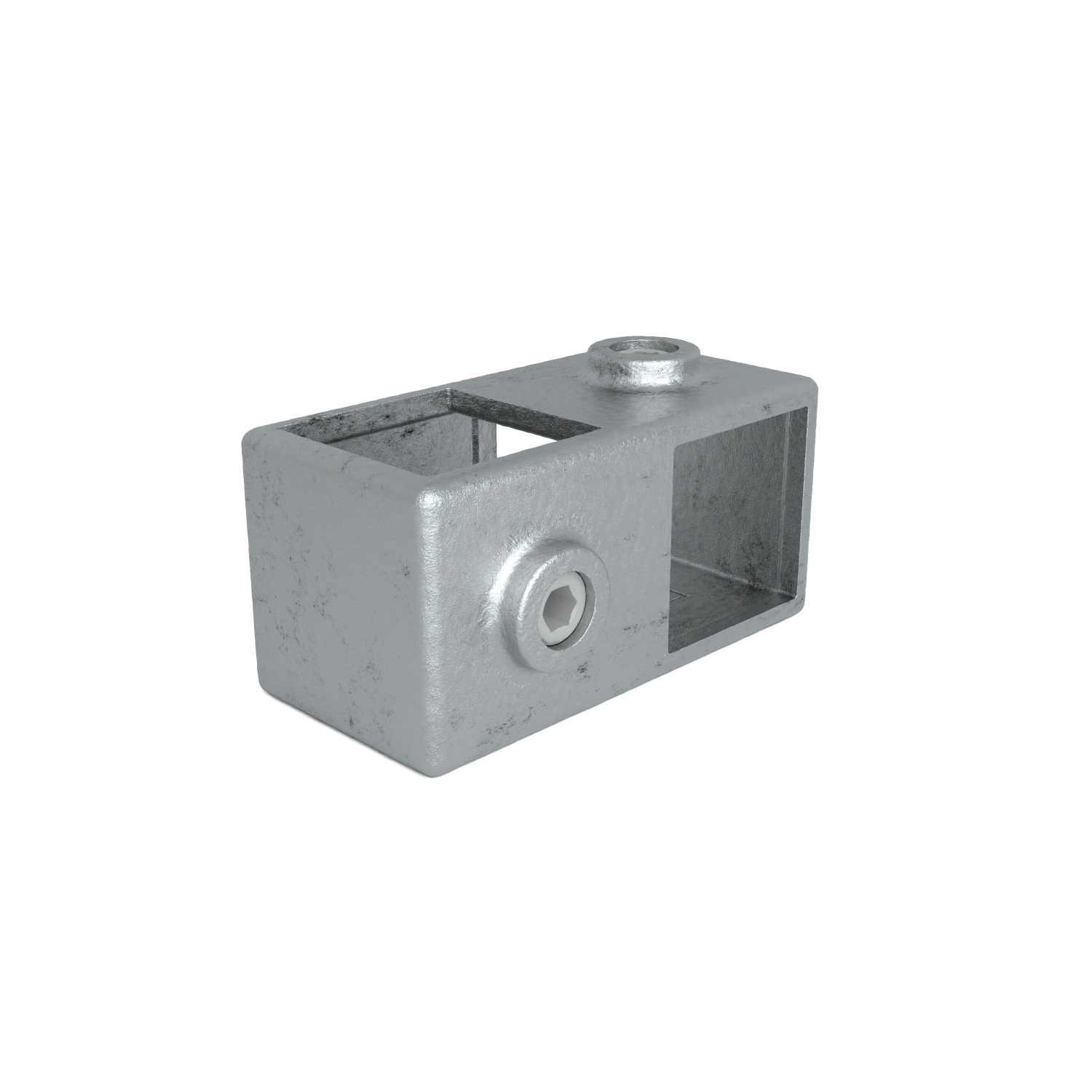 Élément de raccordement métallique de forme parallélépipédique, avec une surface grise rugueuse, des ouvertures rectangulaires et une vis à six pans creux latérale. Pièce de fixation cylindrique sur le dessus pour constructions modulaires.