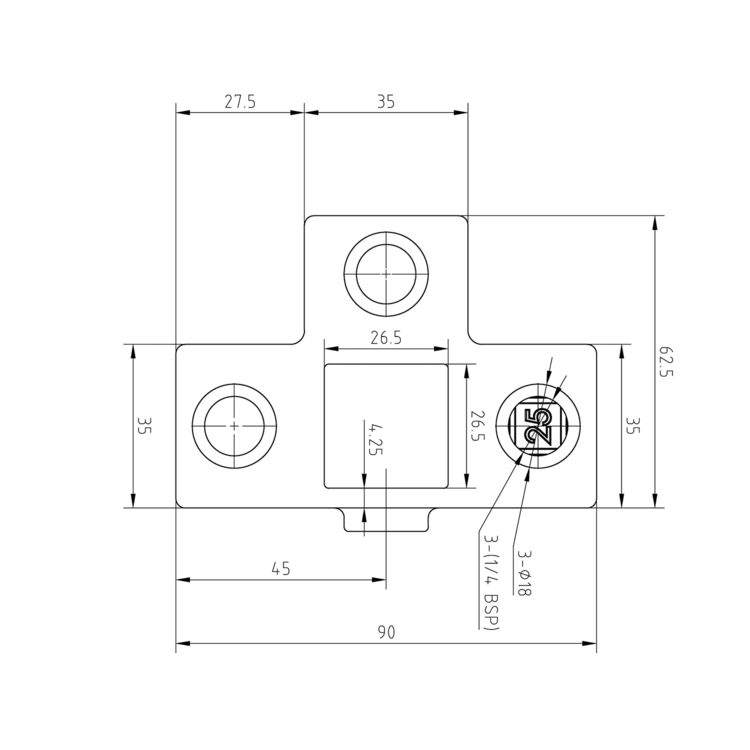 Dibujo técnico de un conector en T de 3 vías para tubos cuadrados de 25 mm. Esquema con dimensiones de montaje: longitud total 90 mm, anchura 62,5 mm, orificios y abertura cuadrada central para el tubo de soporte.