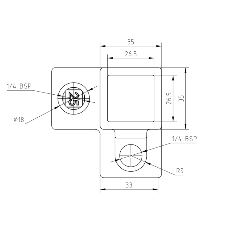 Dreiweg-Eckstück - 90° für quadratische Rohre, schwarz - 40 mm