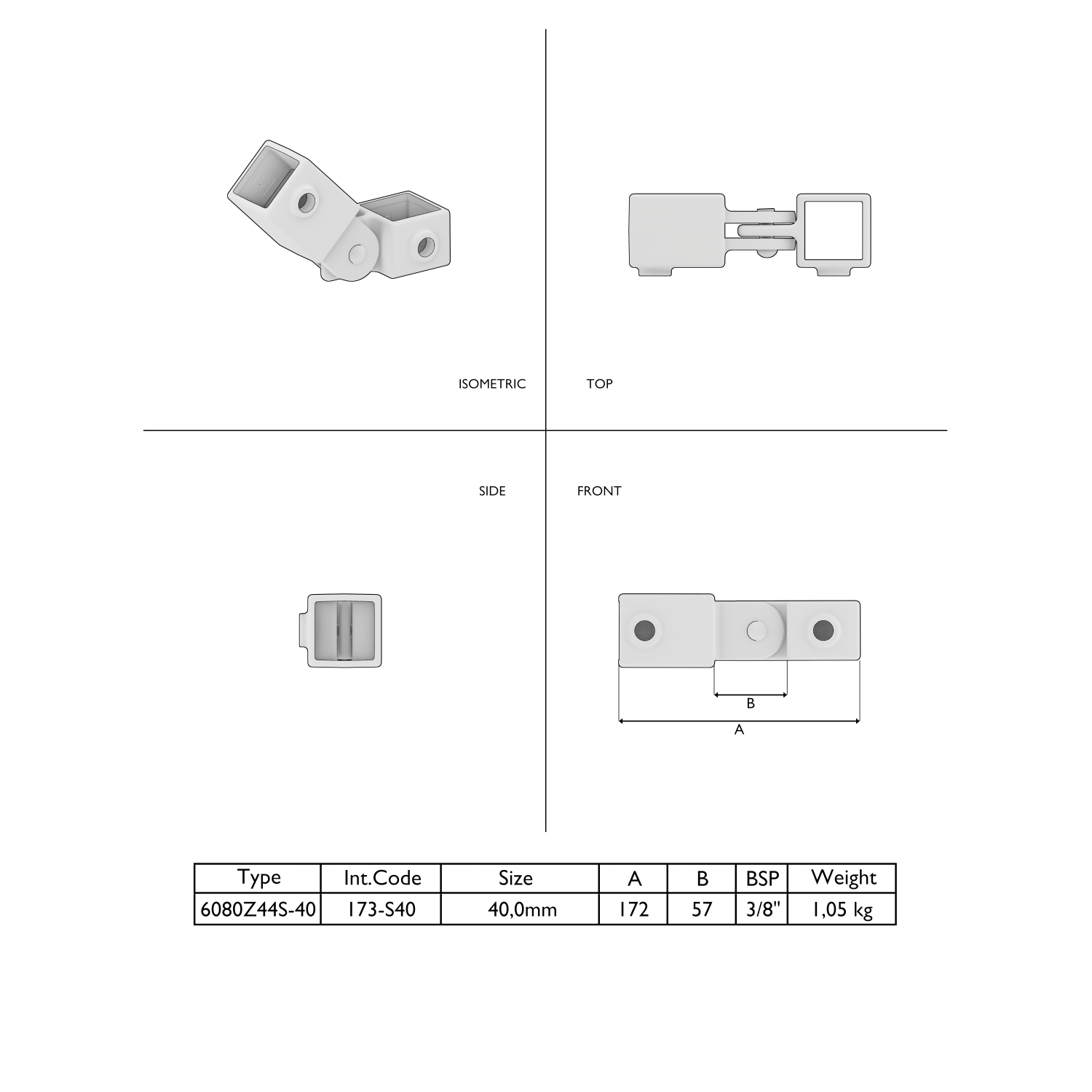 Dessin technique d’un raccord articulé rectangulaire en 2 parties gris clair (vues iso, dessus, face, profil). Pivotant, trous de fixation. Type 6080Z44S-40, 40,0 mm, A 172, B 57, BSP 3/8", 1,05 kg.