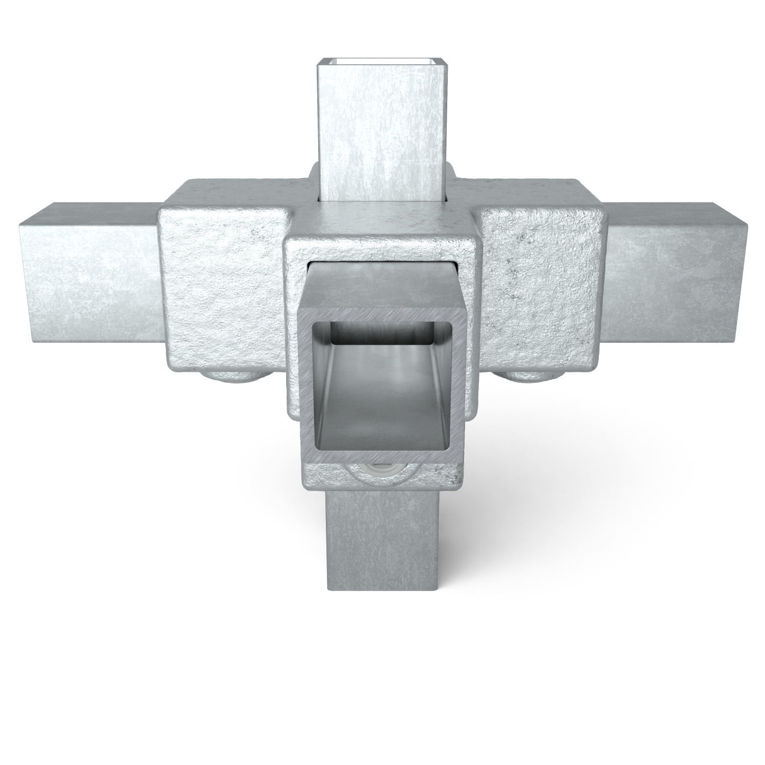 Conector metálico plateado de gran tamaño para tubos cuadrados, diseñado en cinco direcciones: un tubo hacia arriba, otro hacia abajo, uno a cada lado y otro hacia el observador. Construcción robusta con fijaciones visibles y extremos de tubo abiertos.