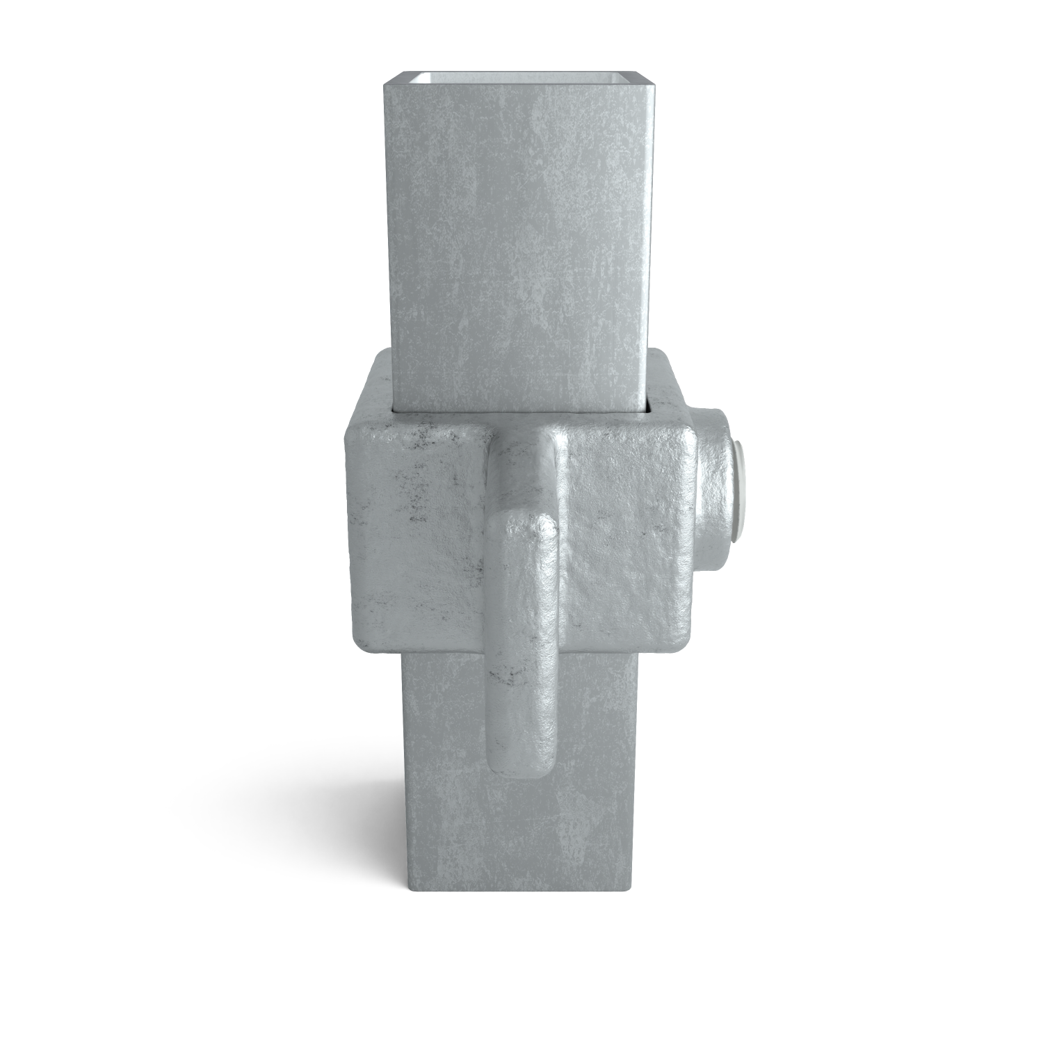 Pieza de fundición de metal gris macizo con textura rugosa e irregular. Base ancha y rectangular con un bloque central compacto. De este sobresale hacia arriba un vástago cuadrado más estrecho. A la derecha del bloque central: saliente cilíndrico.