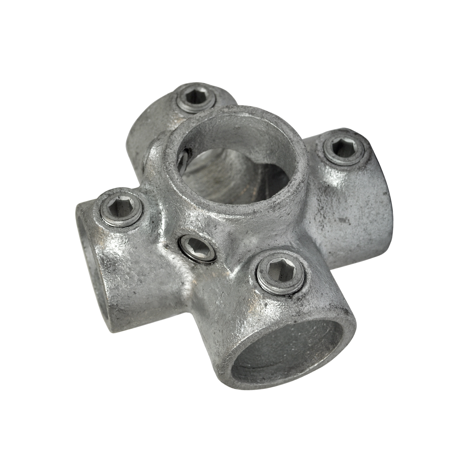 Raccord métallique en croix, argenté, pour tubes de support, avec 4 raccords et passage central. Chaque raccord a une vis six pans creux apparente pour fixer le tube. Surface mate, légèrement structurée.