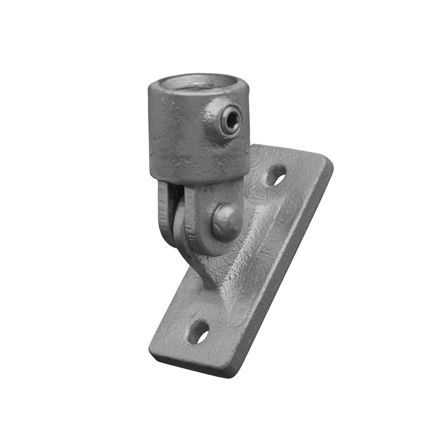 Pie articulado metálico gris para tubos: placa de montaje inclinada con dos orificios y abrazadera giratoria. Con articulación y tornillo de fijación para sujeción en ángulo de postes/tubos, para pared o pie de apoyo.