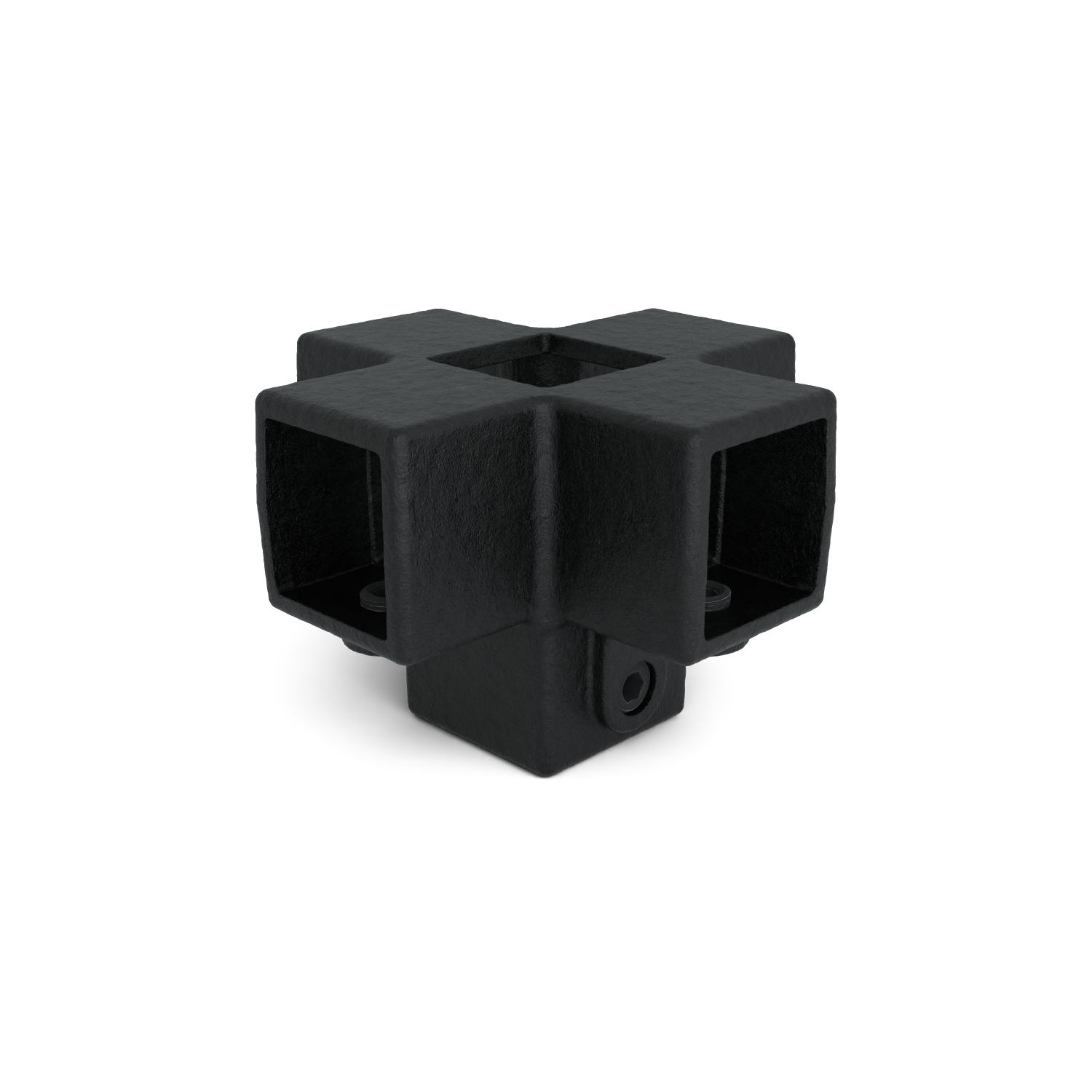 Raccord tubulaire noir de forme cubique, avec une surface mate légèrement texturée. Six ouvertures carrées dans toutes les directions pour tubes/profilés. Vis visibles à l'intérieur pour un assemblage stable et sûr de cadres/meubles modulaires.