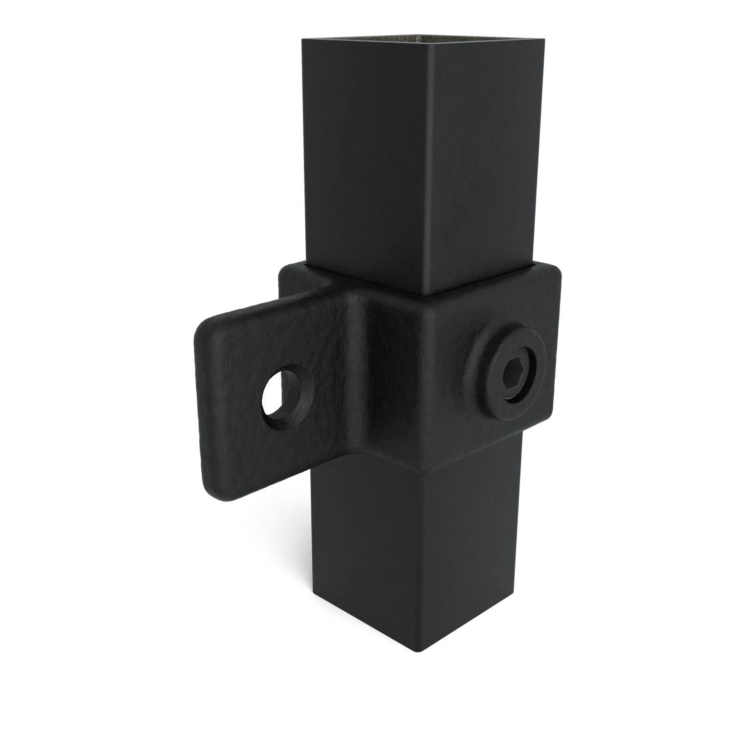 Raccord de tube carré noir : un tube carré s'insère dans un manchon adapté muni d'un œillet latéral (trou rond) et d'une vis à six pans creux pour la fixation. Surface mate, légèrement structurée.
