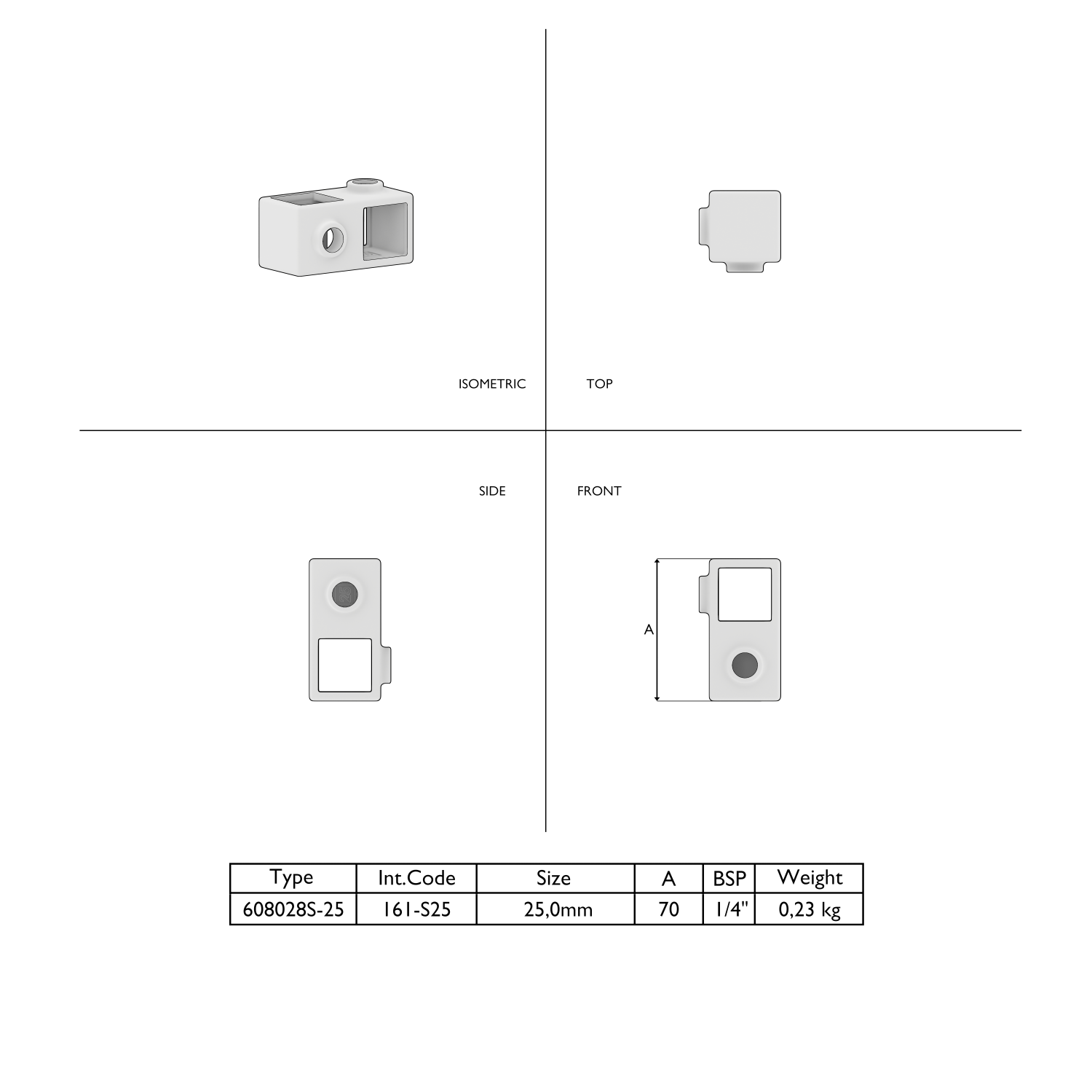Dessin technique d'un raccord boîte gris clair, 4 vues : isométrique, dessus, côté, face. Ouverture rectangulaire et alésage rond. Fiche : type, code interne, dim. 25,0 mm, A 70, BSP 1/4", poids 0,23 kg.