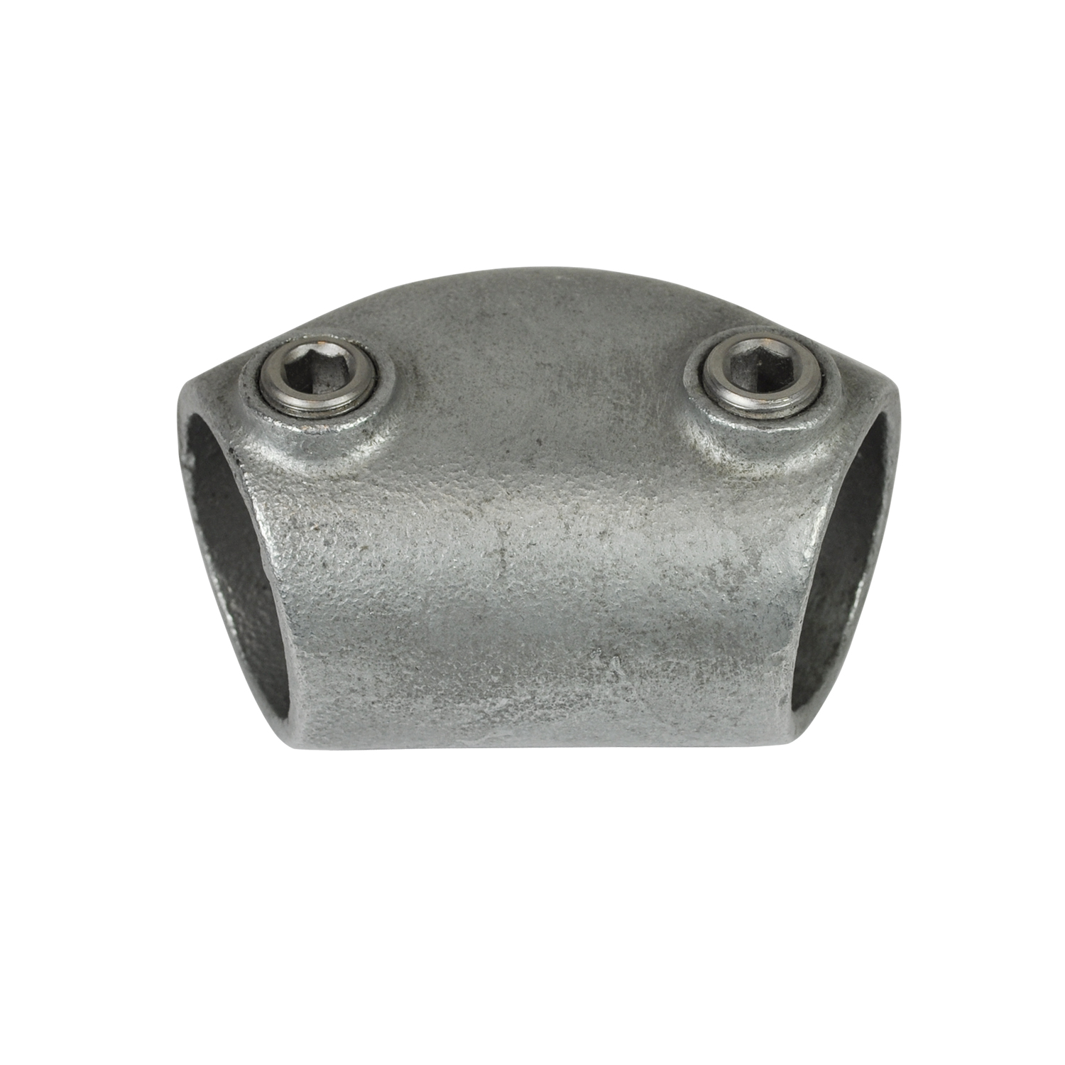 A grey, U-shaped metal pipe connector with a rough, industrial finish. Designed to join two pipes at an angle. Two countersunk Allen screws are visible on the curved top surface for tightening.