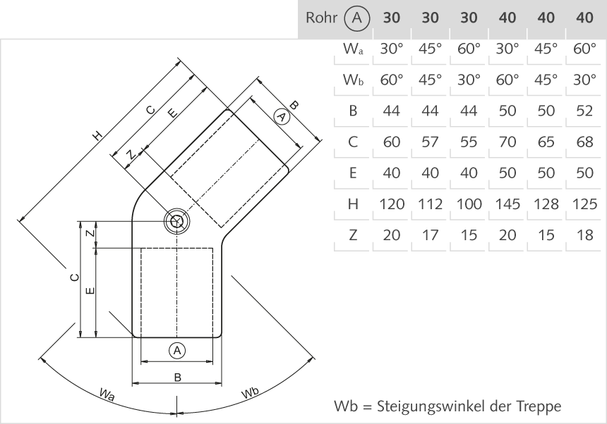 Winkelstück Aluminium 30mm Wa 60°/Wb 30°/120°