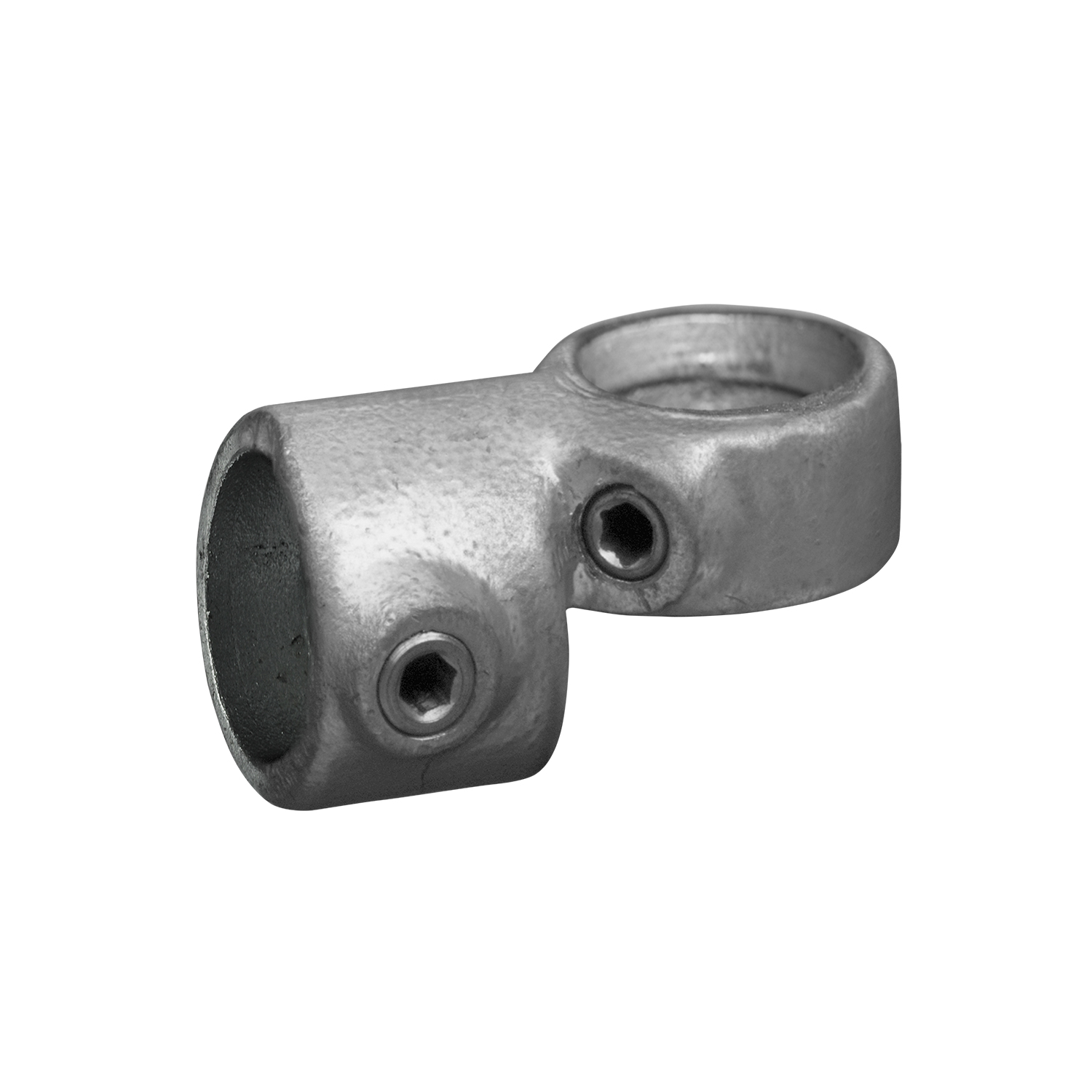 Una sola articulación angular de metal gris, ajustable, para tubos de 33,7 mm de diámetro. Cuenta con dos aberturas dispuestas en ángulo entre sí y dos tornillos de cabeza hexagonal para fijar los tubos. La superficie es mate y resistente.