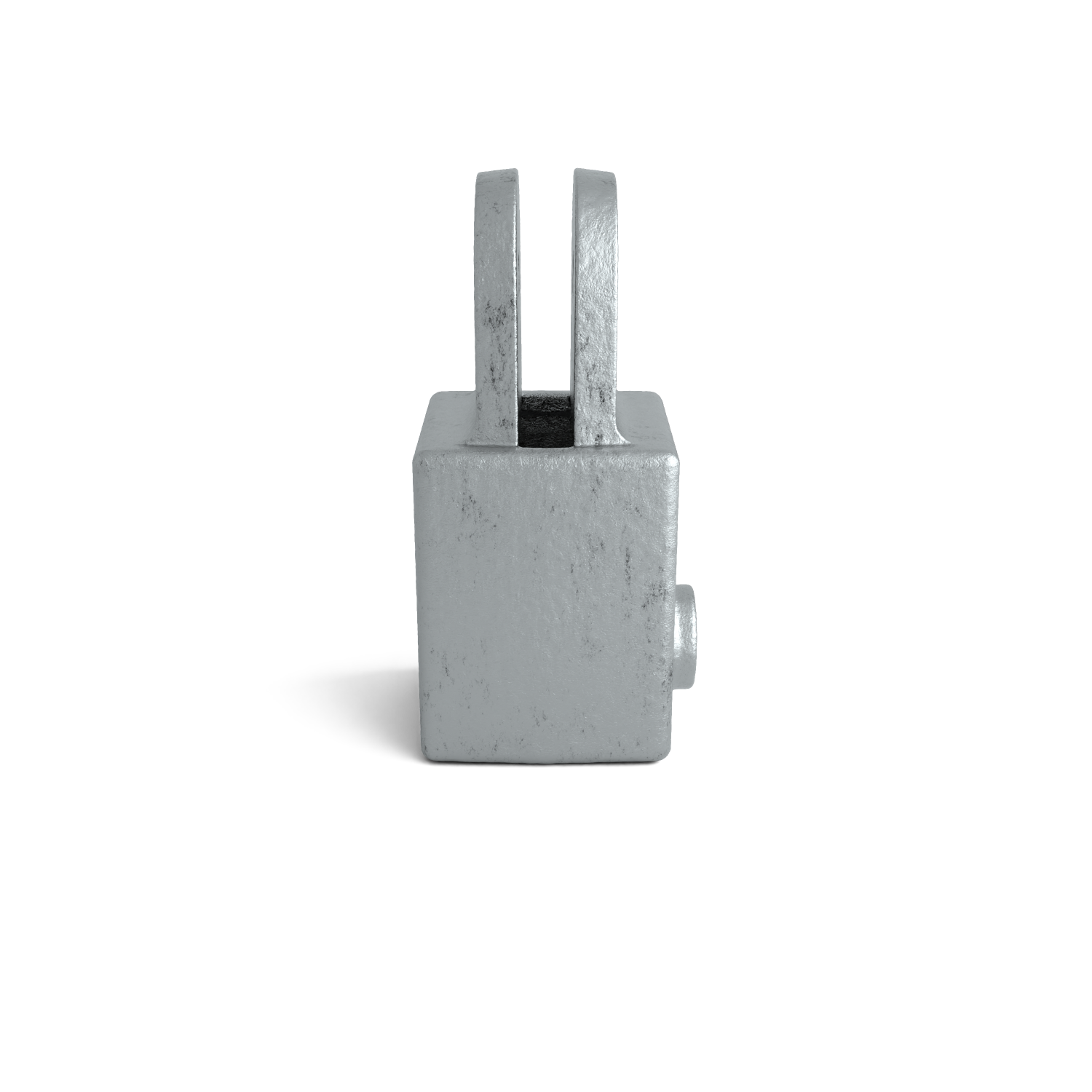 Pièce métallique grise avec une base cubique et deux bras parallèles verticaux en haut. Surface rugueuse et légèrement texturée. Petite protubérance cylindrique à droite de la base. Légère ombre sur fond blanc.