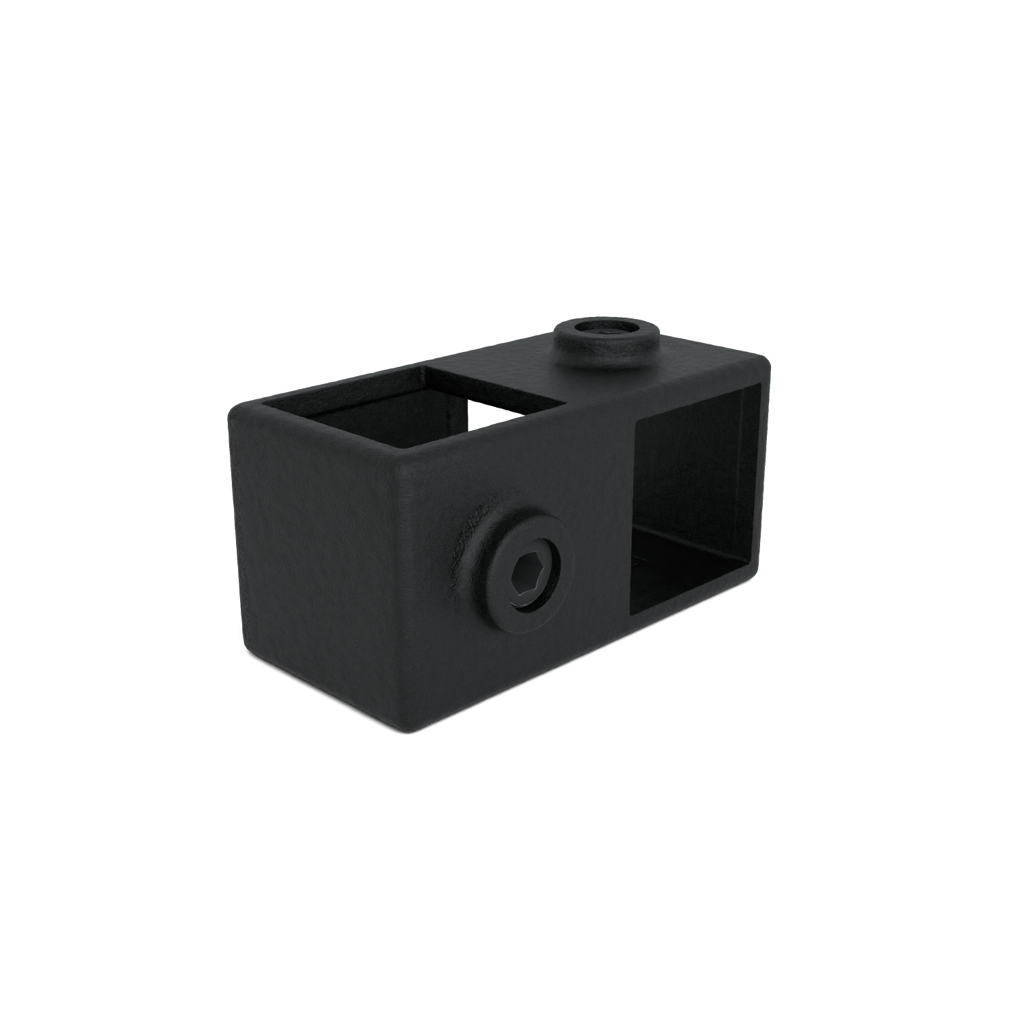 Bloc de raccordement noir et rectangulaire en matériau mat, probablement métal ou plastique. Il comporte deux ouvertures carrées traversantes et, sur le dessus, un renflement cylindrique avec alésage rond. Vis à six pans creux à l'avant.