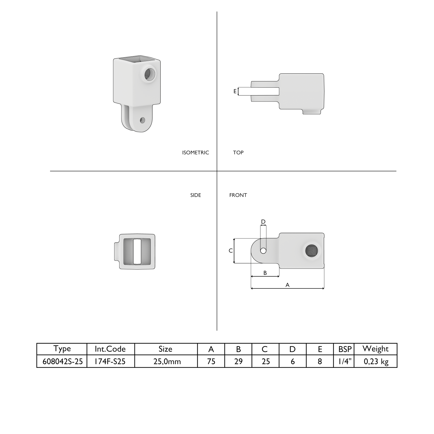 Dessin technique d'un support gris cubique sous 4 angles : isométrique, dessus, côté, face. Partie haute creuse carrée, partie basse en fourche avec alésage. Cotes en vue de face, tableau avec type et dimensions.