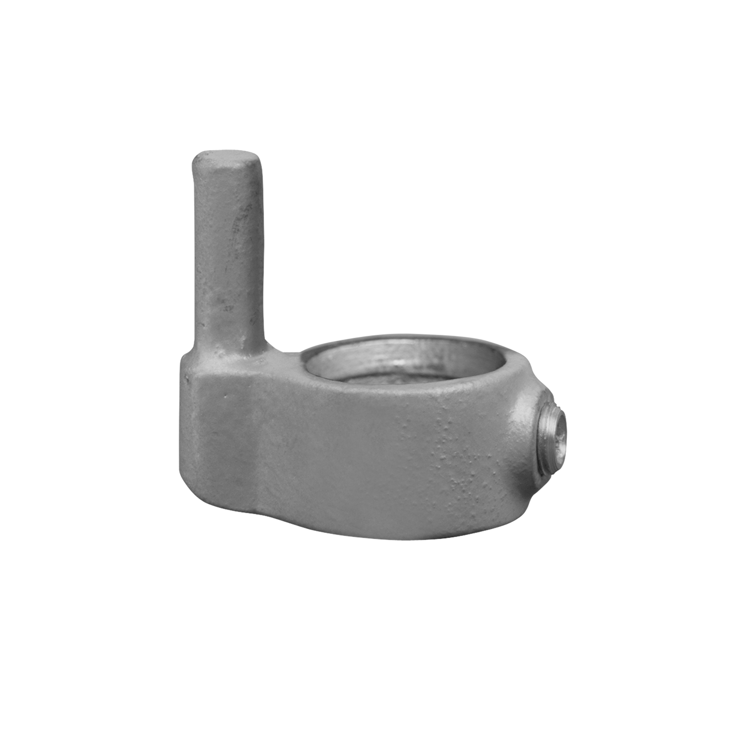 Resistente pasador de ajuste metálico gris que sirve como conector de tubos con bisagra exterior. Forma en L con pasador cilíndrico vertical y abrazadera redonda para tubos de 48,3 mm (1½”). Abertura lateral para tornillo visible.