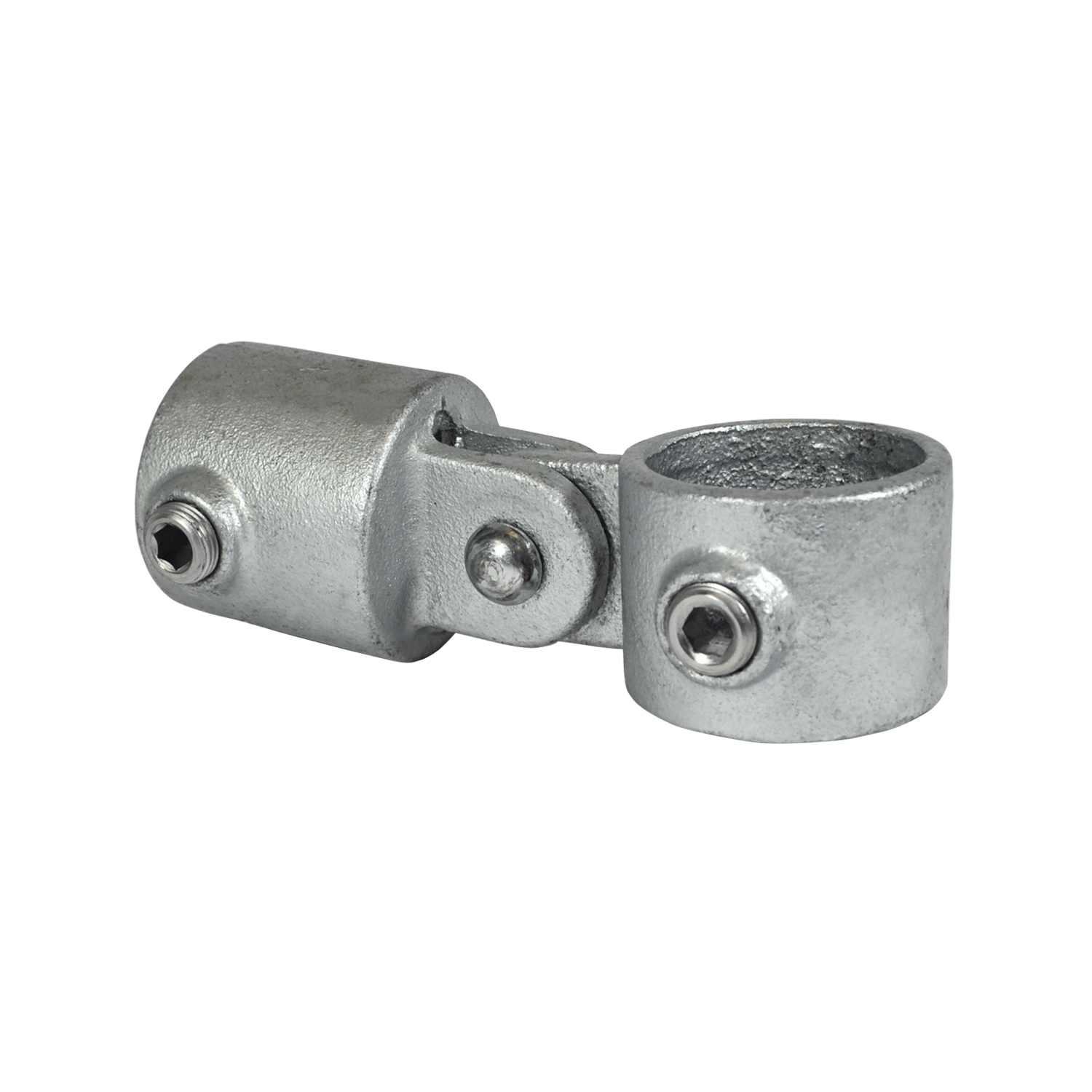 Raccord articulé en métal argenté pour tubes, composé de deux colliers cylindriques reliés par une articulation flexible pour montage à angle réglable. Chaque collier a une vis sans tête pour une fixation sûre. Surface mate, légèrement structurée.