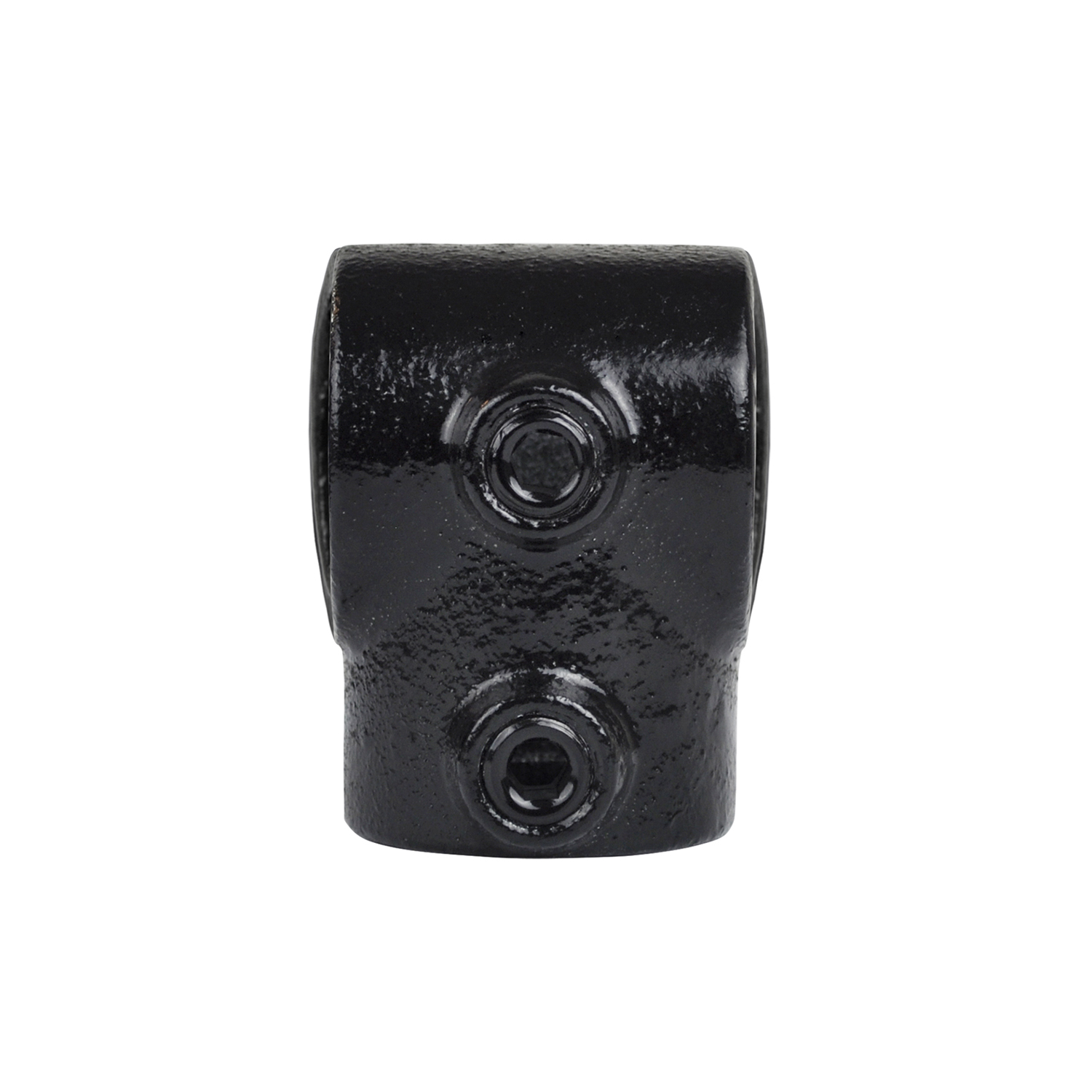 Short, black metal T-piece for connecting two pipes at a right angle. Rough, matt finish, two visible Allen screws. For pipes with a diameter of 33.7 mm (1 inch), robust.
