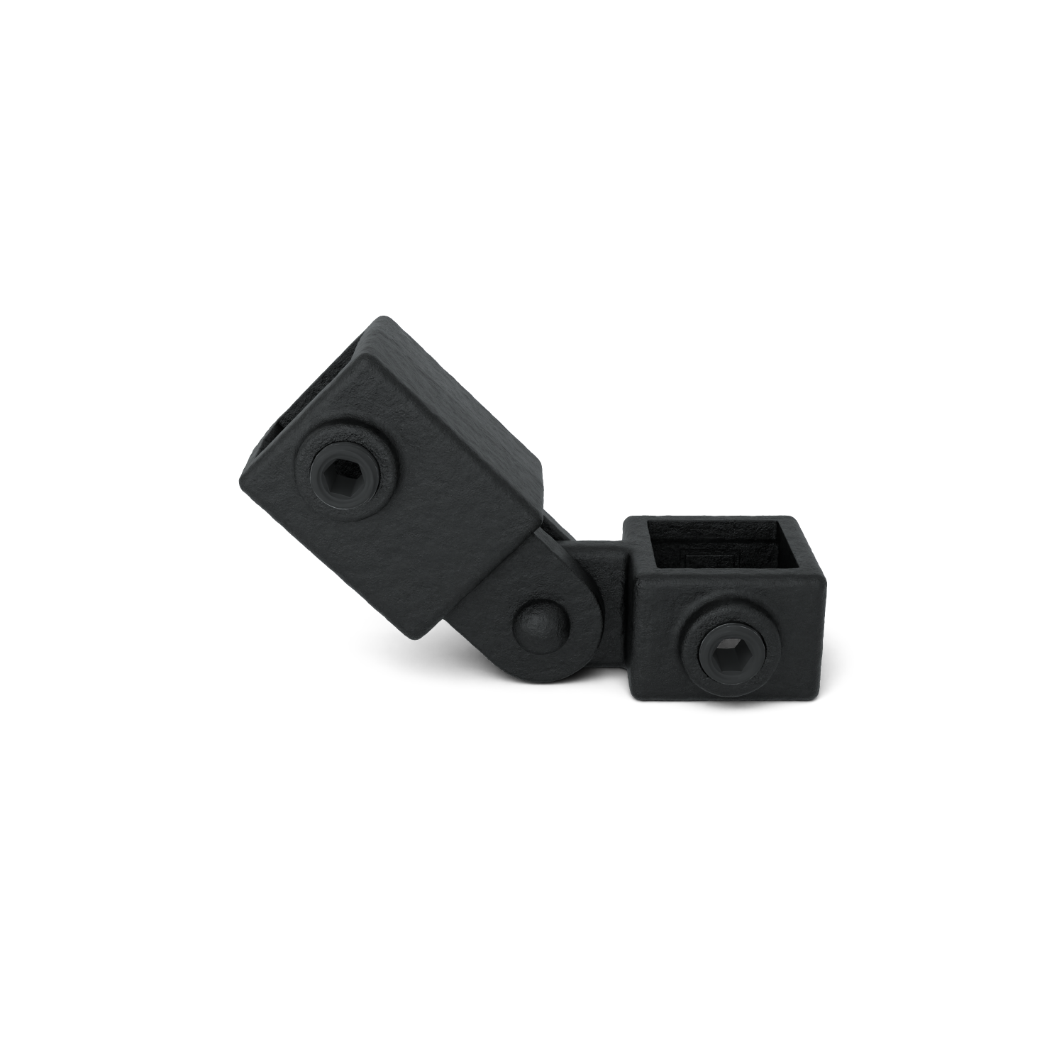 Raccord noir mat pour tubes carrés, composé de deux éléments perpendiculaires reliés par un pivot central. Chaque élément est muni d'une vis à six pans creux pour la fixation. Légèrement incliné sur fond blanc.