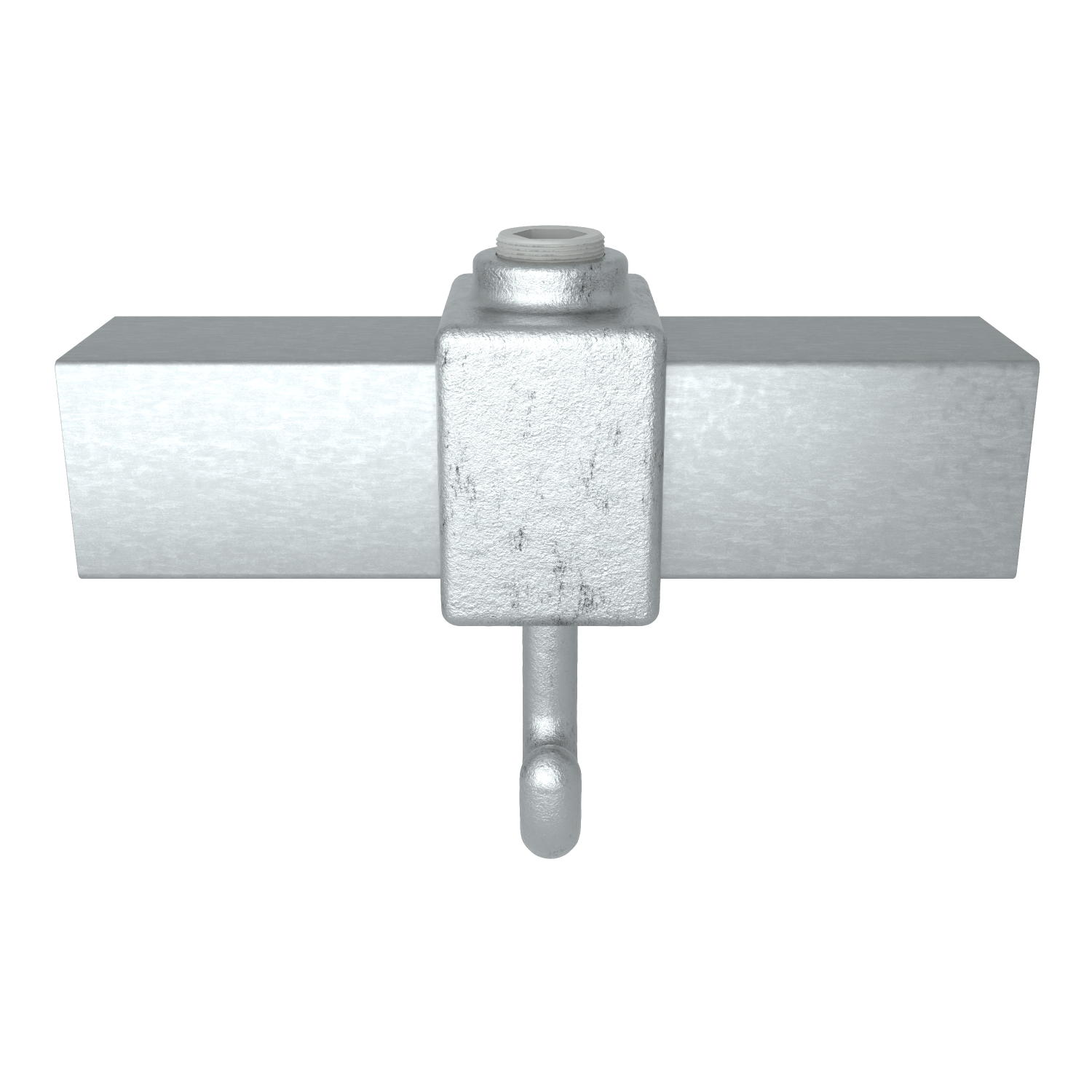Representación detallada de un componente metálico galvanizado con una barra rectangular larga y horizontal. En el centro, un bloque robusto con un gancho metálico en la parte inferior. En la parte superior del bloque, un saliente cilíndrico roscado.