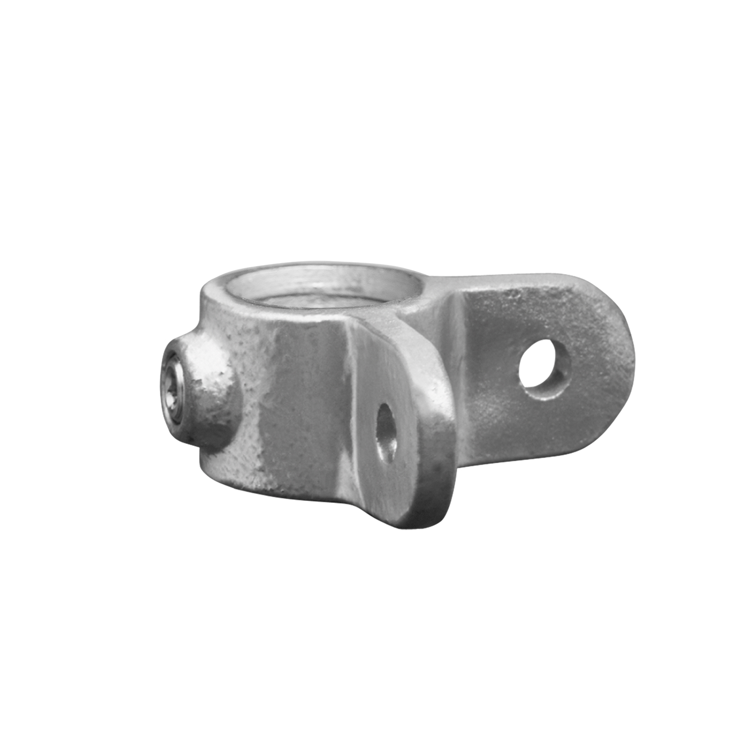 Ferrure robuste en métal gris mat à la surface rugueuse, probablement en fonte ou en acier galvanisé. Avec une ouverture cylindrique et une languette plate sur le côté dotée d'un trou de montage. Une vis latérale permet de fixer le tube/la tige.