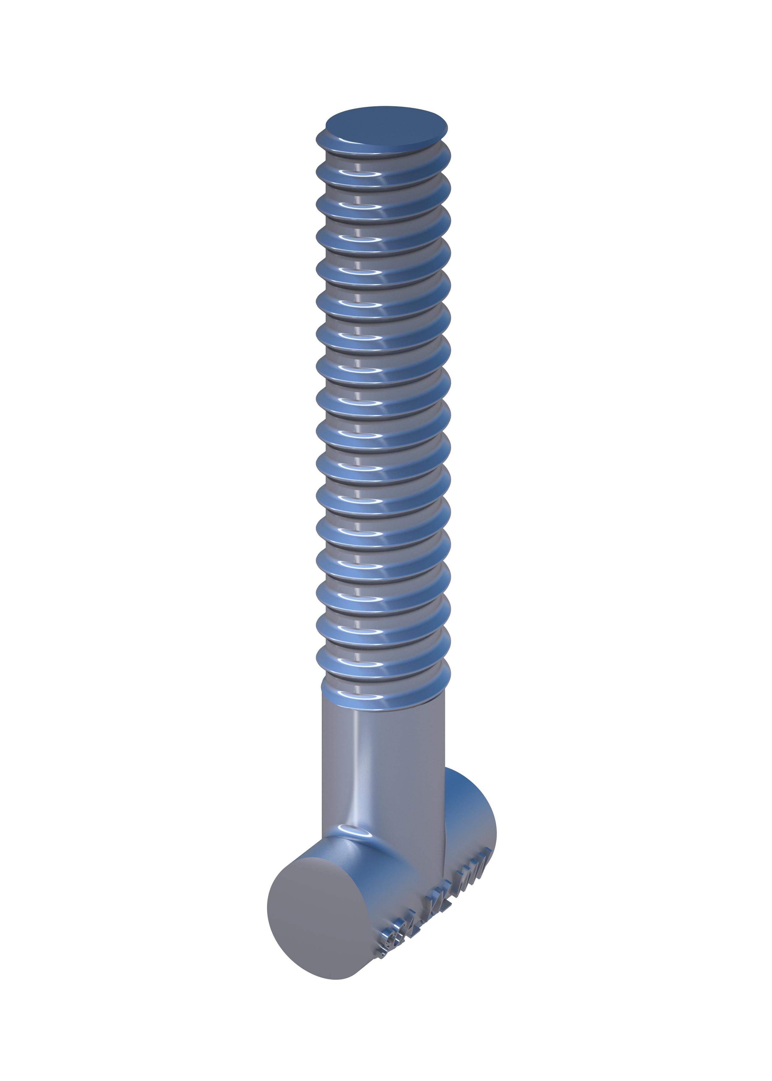 Eine feuerverzinkte Hammerkopfschraube mit langem, zylindrischem Schaft und ausgeprägtem Schnellgewinde. Der Bolzen ist ca. 68 mm lang. Der flache, hammerförmige Kopf ist seitlich leicht abgerundet und glänzend.