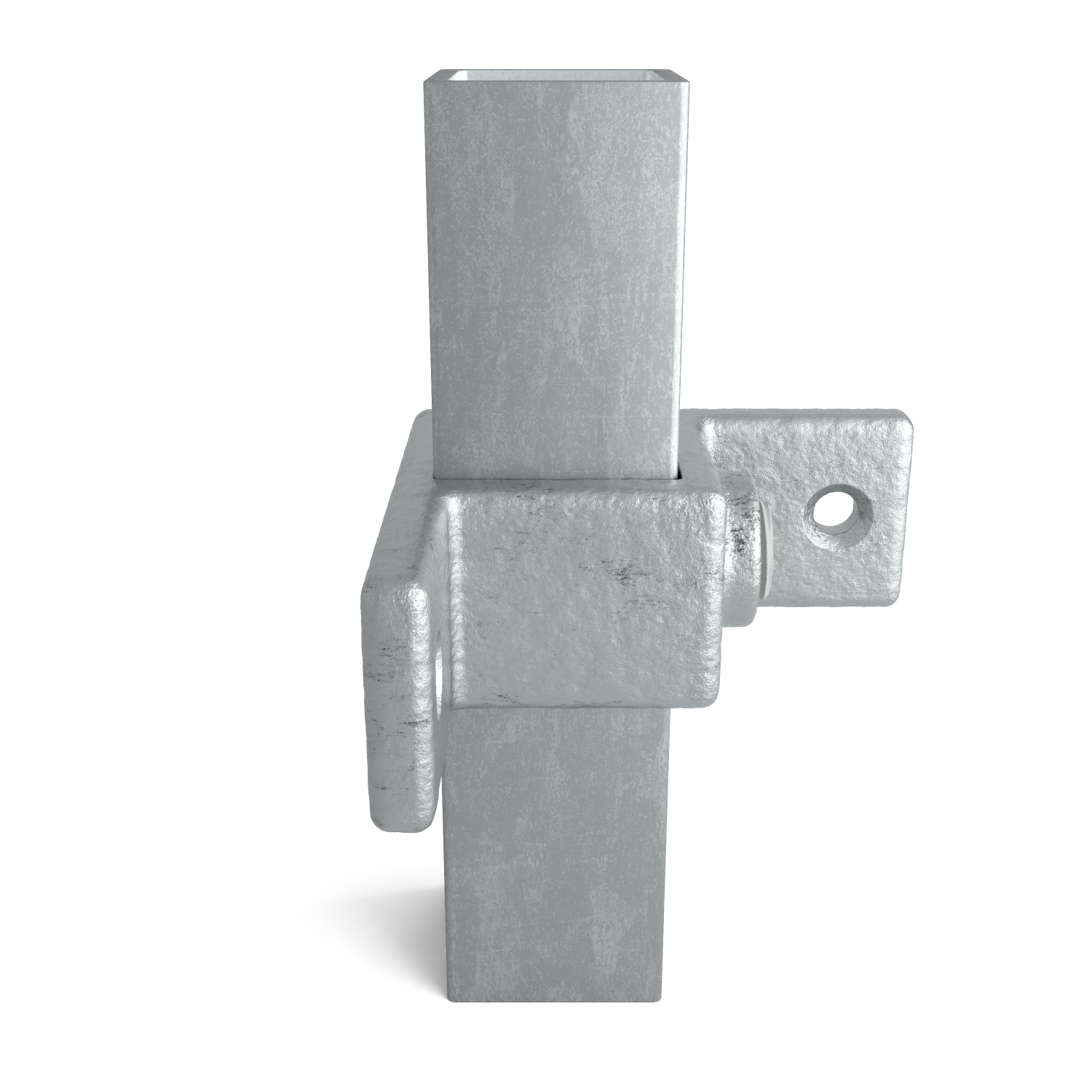 Un conector metálico galvanizado con superficie rugosa y gris. Está compuesto por tubos cuadrados verticales y horizontales, unidos mediante un elemento de conexión más grueso con forma de bloque. Con un orificio redondo a la derecha.