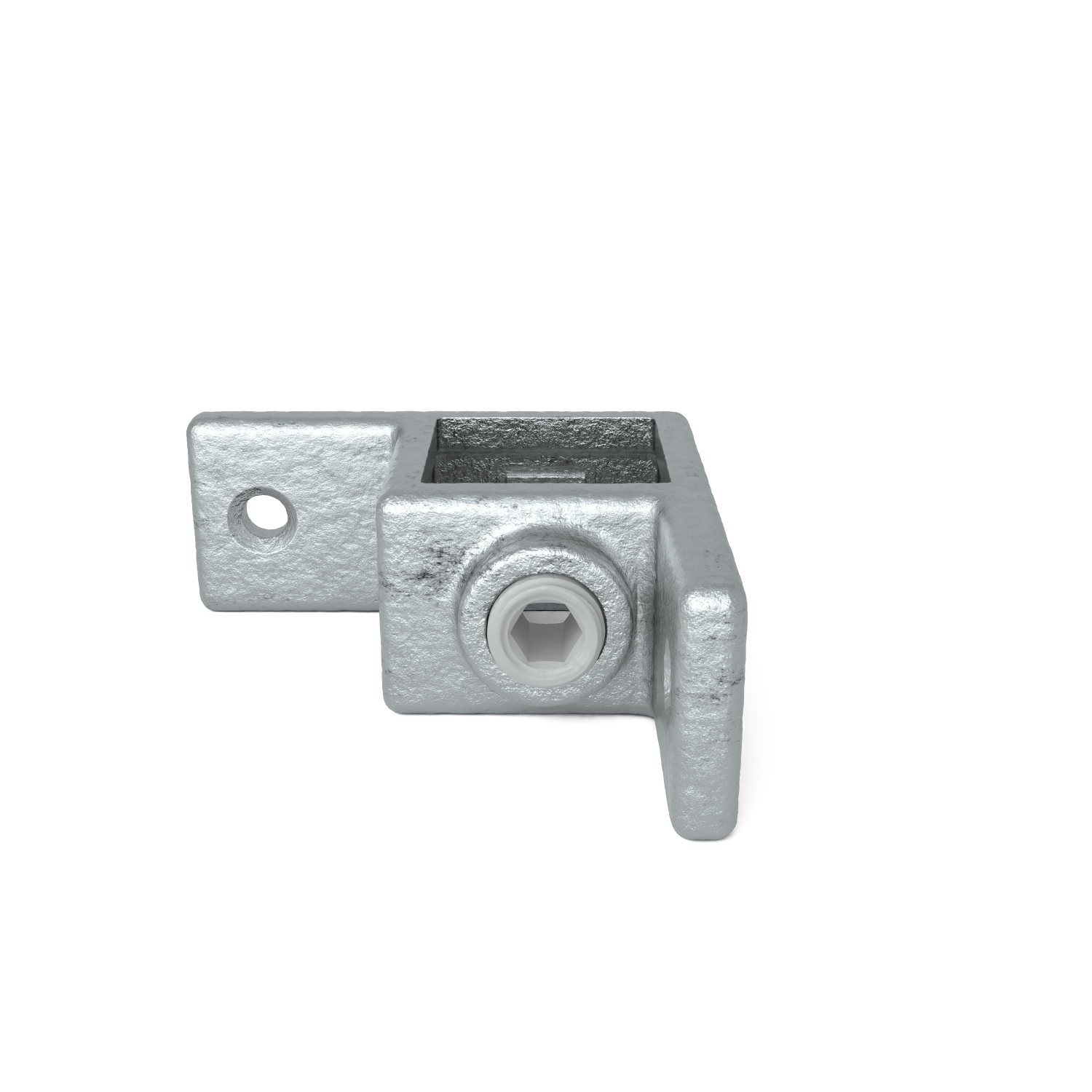 Conector en forma de L para tubos metálicos y barandillas, galvanizado, con abertura cuadrada. Con orificio de fijación redondo en el lateral y tornillo Allen visible para su sujeción. Superficie ligeramente texturizada, de color gris plateado.
