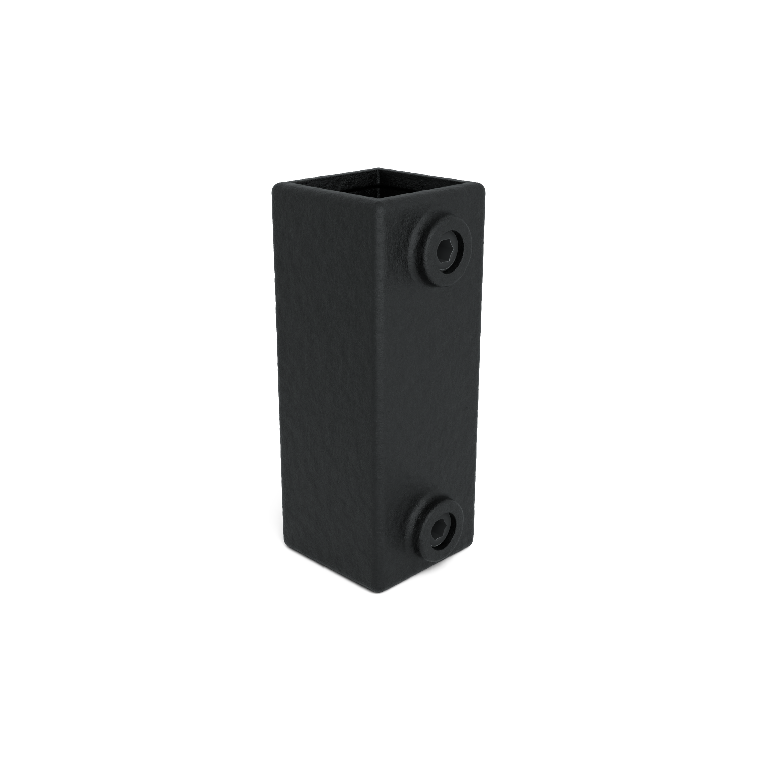 Profilé creux vertical, de couleur noir mat, de forme parallélépipédique, avec une surface légèrement rugueuse. Sur un côté, deux renfoncements ronds comportant chacun une ouverture hexagonale, comme des vis à tête fraisée. Sur fond blanc.