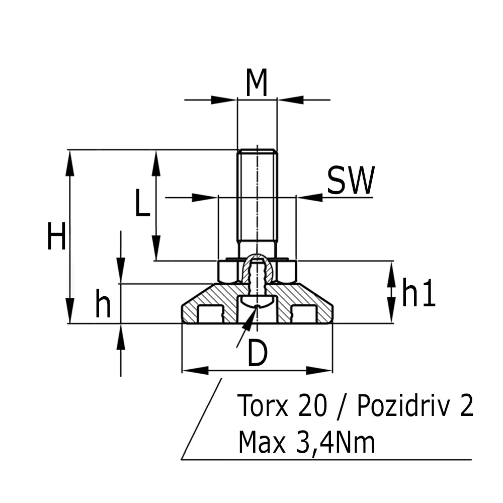 Höhenversteller mit drehbarem Teller Ø38MM 8x50 schwarz
