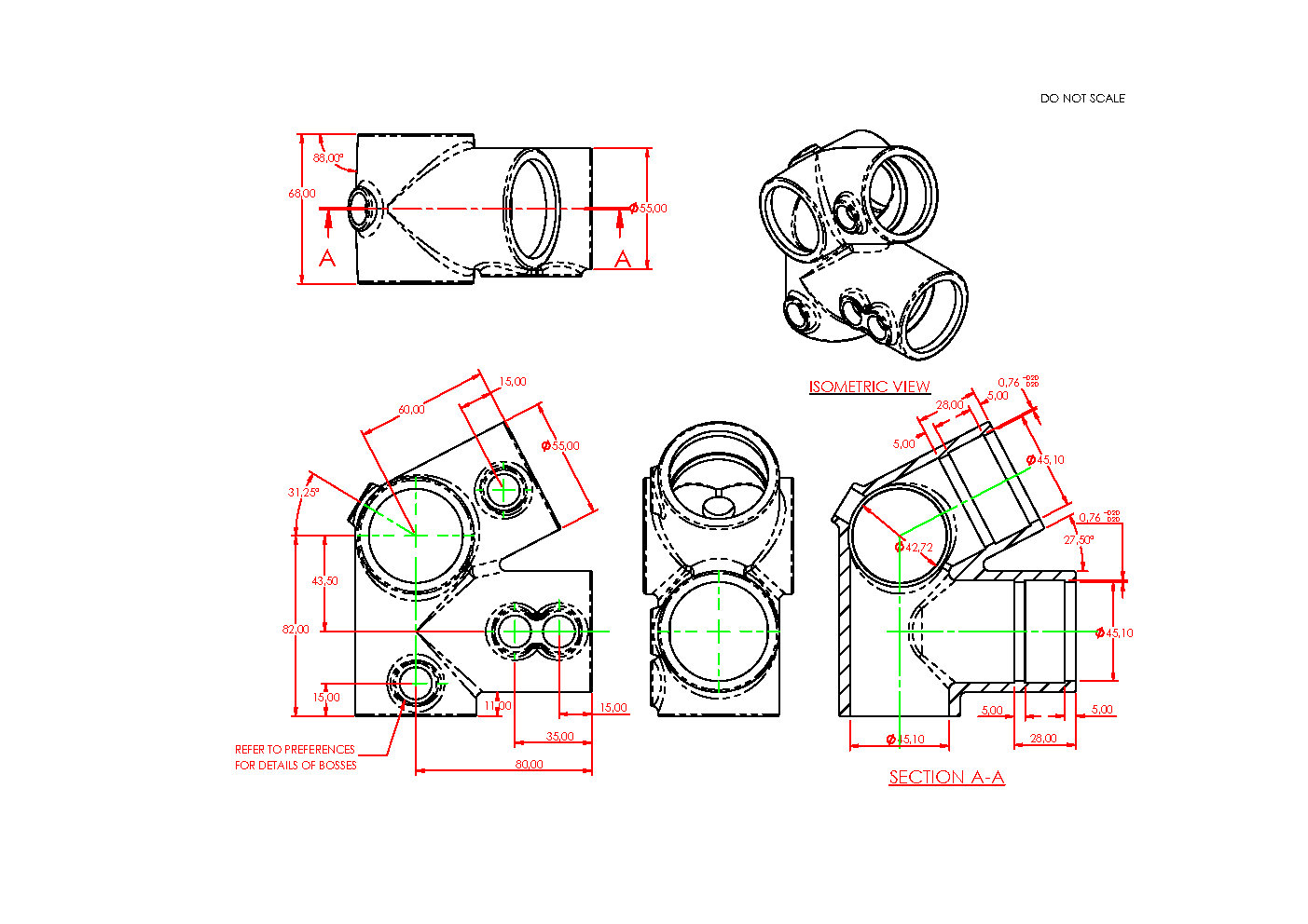 Dibujo técnico de un codo de alero con vista superior, vista isométrica, vista lateral y sección transversal. Varias conexiones de tubería con dimensiones (p. ej., 42,72 mm, 45,10 mm), así como ángulos de 31,25 y 27,50 grados.