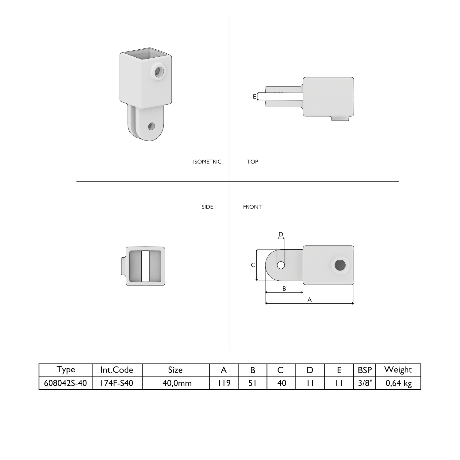 Dessin technique d'un raccord de tuyau carré avec cotations. Plusieurs vues montrent le composant avec un logement rectangulaire et une fourche. Un tableau répertorie les spécifications du modèle 608042S-40, de taille 40 mm et d'un poids de 0,64 kg.